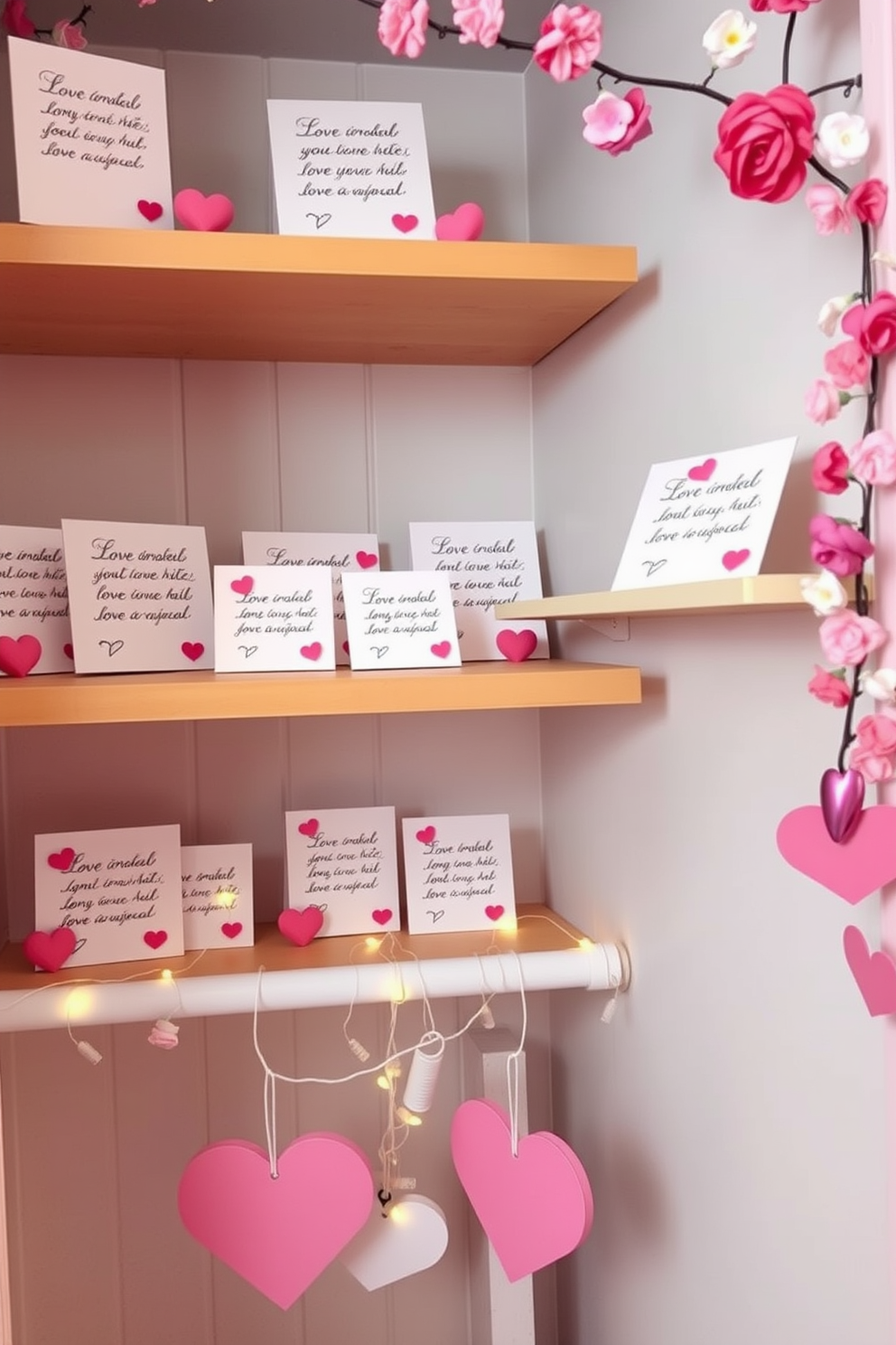 A charming display of miniature love notes is arranged on wooden shelves, each note written in elegant script and adorned with small decorative hearts. The shelves are painted in soft pastel colors, creating a warm and inviting atmosphere perfect for Valentine's Day. In the closet, delicate garlands of faux flowers and twinkling fairy lights are draped to enhance the romantic vibe. Heart-shaped decorations hang from the closet rod, adding a playful touch to the overall decor.