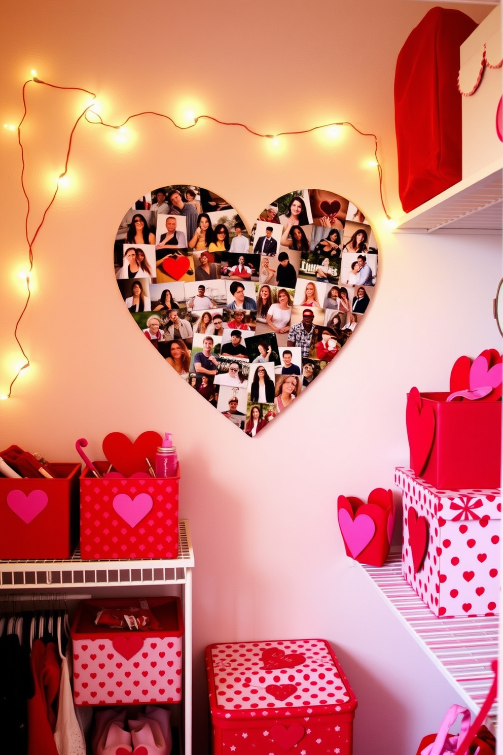 A heart-shaped photo collage wall art piece is prominently displayed on the wall, featuring a mix of cherished memories and romantic images. Surrounding the collage, soft fairy lights twinkle gently, adding a warm and inviting glow to the space. A well-organized closet showcases Valentine's Day decorating ideas, with vibrant red and pink accents throughout. Decorative storage boxes and heart-themed accessories create a charming atmosphere, making the closet both functional and festive.