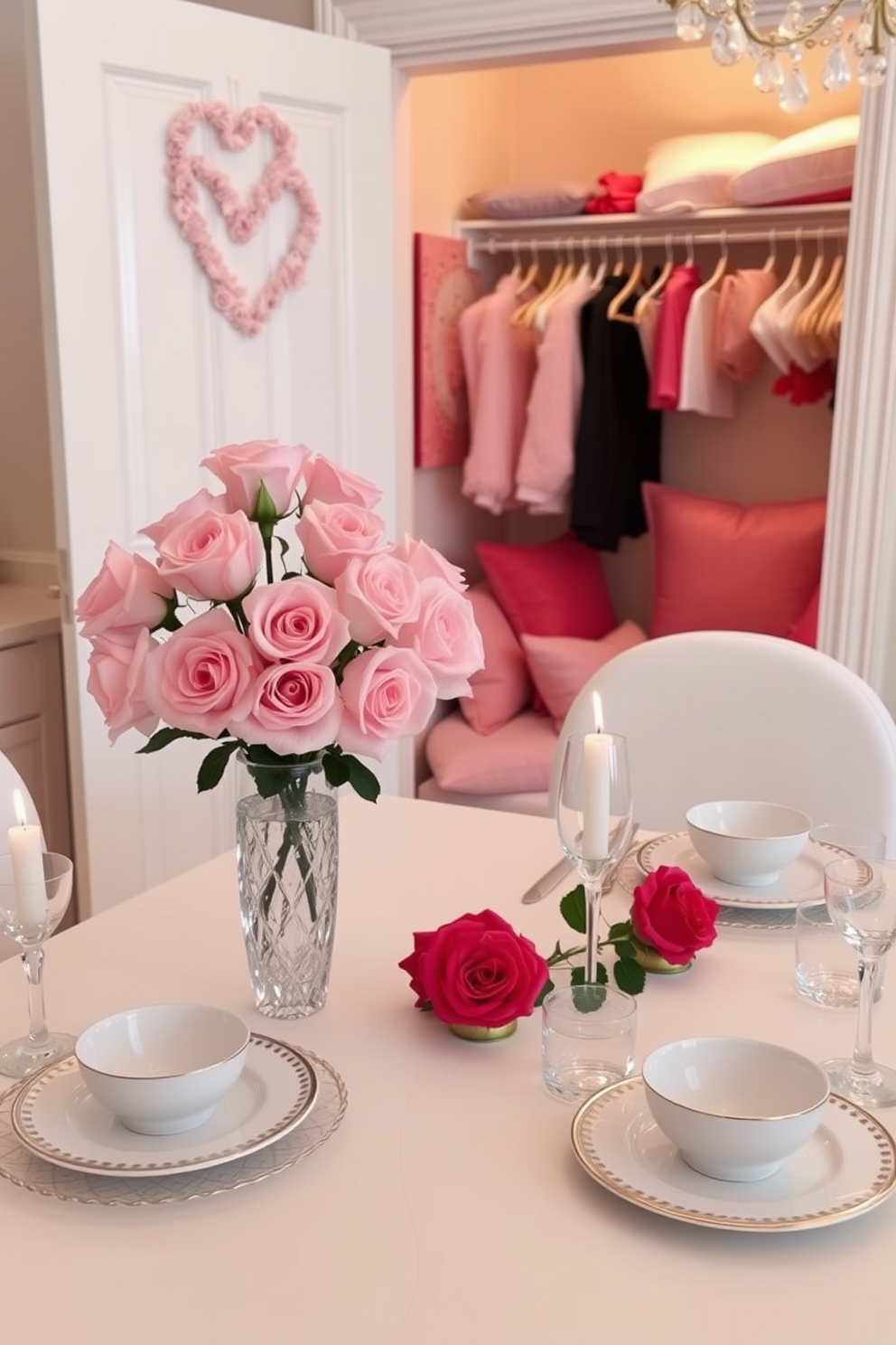 Elegant table setting with delicate roses arranged in a crystal vase. The table is adorned with fine china plates and sparkling glassware, complemented by soft candlelight for a romantic ambiance. Closet decorated for Valentine's Day with soft pink and red accents. Heart-shaped decor hangs on the door, and plush cushions are placed inside for a cozy touch.