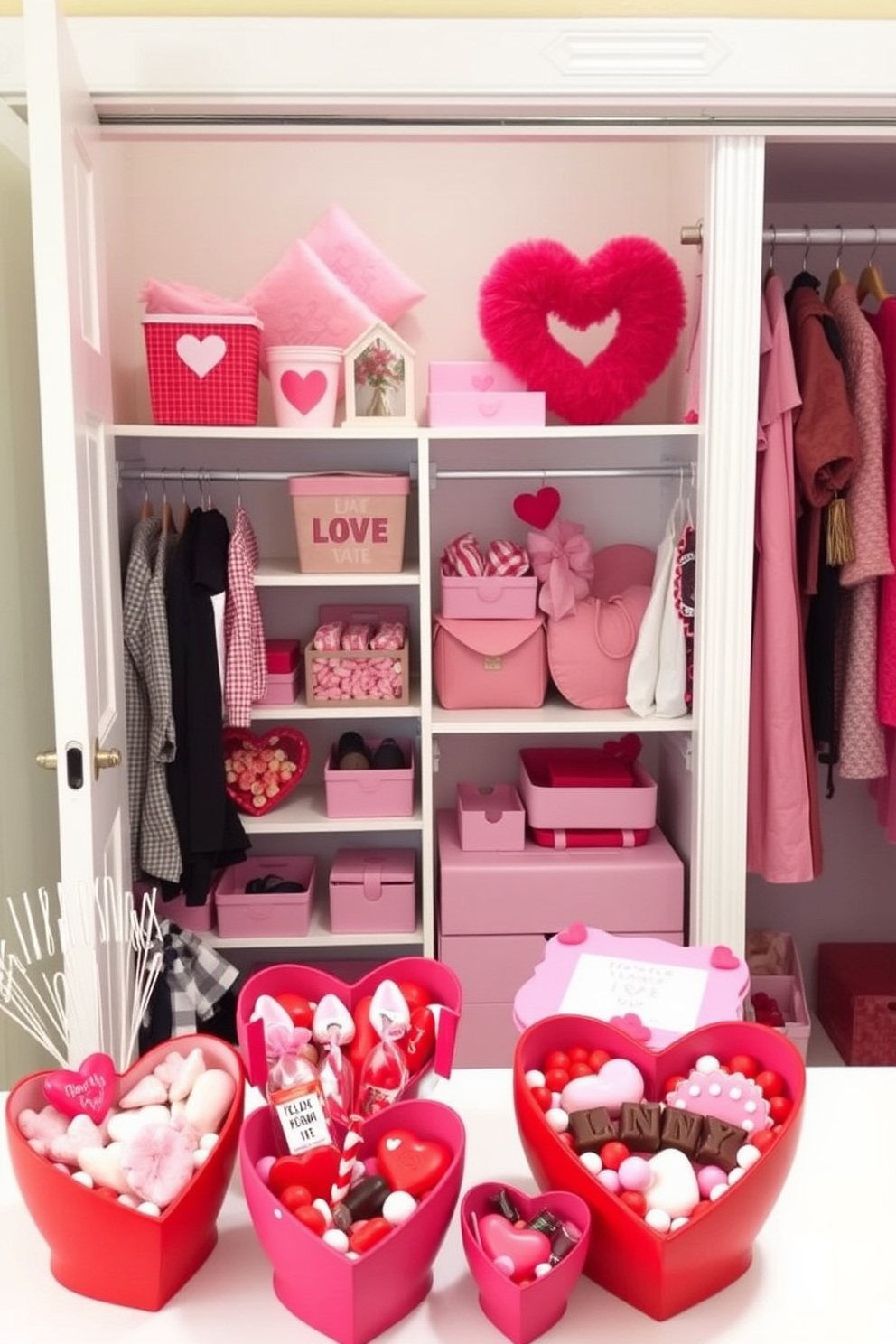 A charming display of sweet treats arranged in heart-shaped containers. The containers are vibrant red and pink, filled with an assortment of candies and chocolates, creating a festive atmosphere. A beautifully organized closet decorated for Valentine's Day. Soft pink accents and heart-themed accessories add a romantic touch, making the space feel warm and inviting.