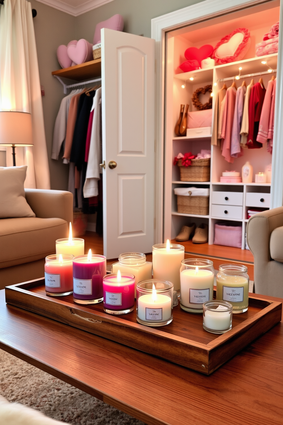 A cozy living room filled with seasonal scented candles arranged on a wooden coffee table. The flickering candlelight casts a warm glow, creating an inviting atmosphere perfect for relaxation. A beautifully decorated closet showcasing Valentine's Day themes. Soft pastel colors and heart-shaped accents adorn the shelves, while romantic lighting enhances the festive spirit.