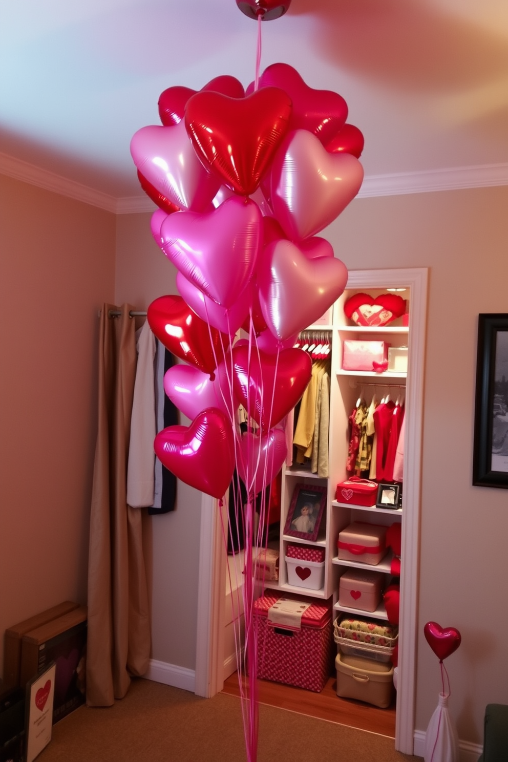 A vibrant display of colorful heart-shaped balloons floats gracefully in a cozy living room. The balloons are in various shades of red, pink, and white, creating a festive atmosphere for Valentine's Day celebrations. A beautifully arranged closet features themed decorations that incorporate heart motifs. Soft lighting highlights the romantic decor, enhancing the overall charm of the space.