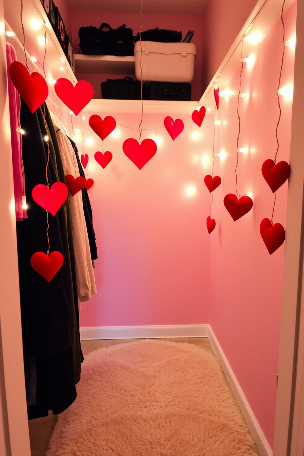 String lights with red heart shapes create a warm and romantic atmosphere in the closet. The walls are adorned with soft pink accents, and a cozy rug lies on the floor to enhance the festive vibe.