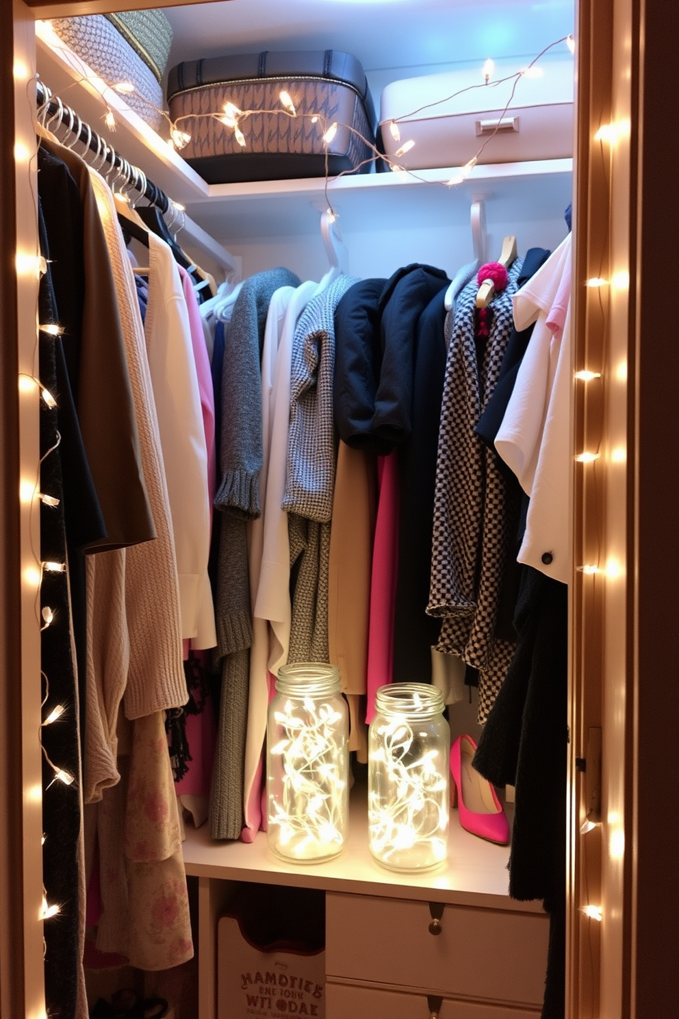 A cozy closet adorned with romantic fairy lights nestled in glass jars creates an enchanting atmosphere. The soft glow of the lights highlights the beautifully arranged clothes and accessories, making the space feel inviting and festive for Valentine's Day.