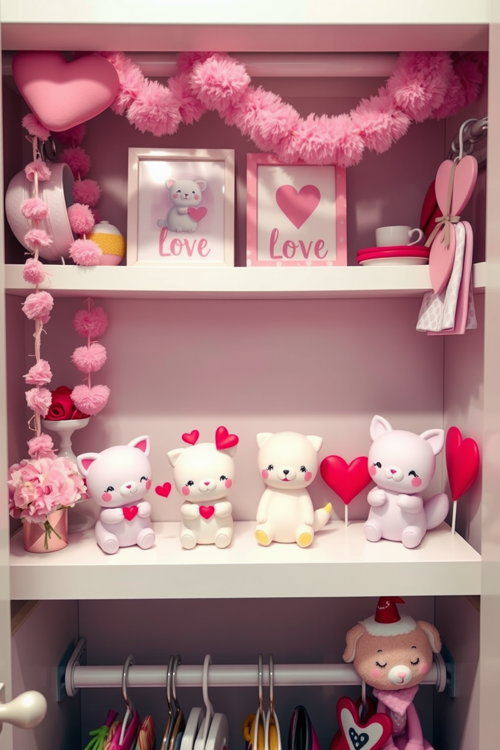 Cute animal figurines in soft pastel colors are arranged on a shelf, each depicting a different expression of love. Heart-shaped accents and delicate floral patterns enhance the charming atmosphere, creating a whimsical and inviting display. A cozy closet space is transformed for Valentine's Day with pink and red decorations, including heart garlands and themed artwork. Soft lighting casts a warm glow, highlighting the cute animal figurines and creating a romantic ambiance.