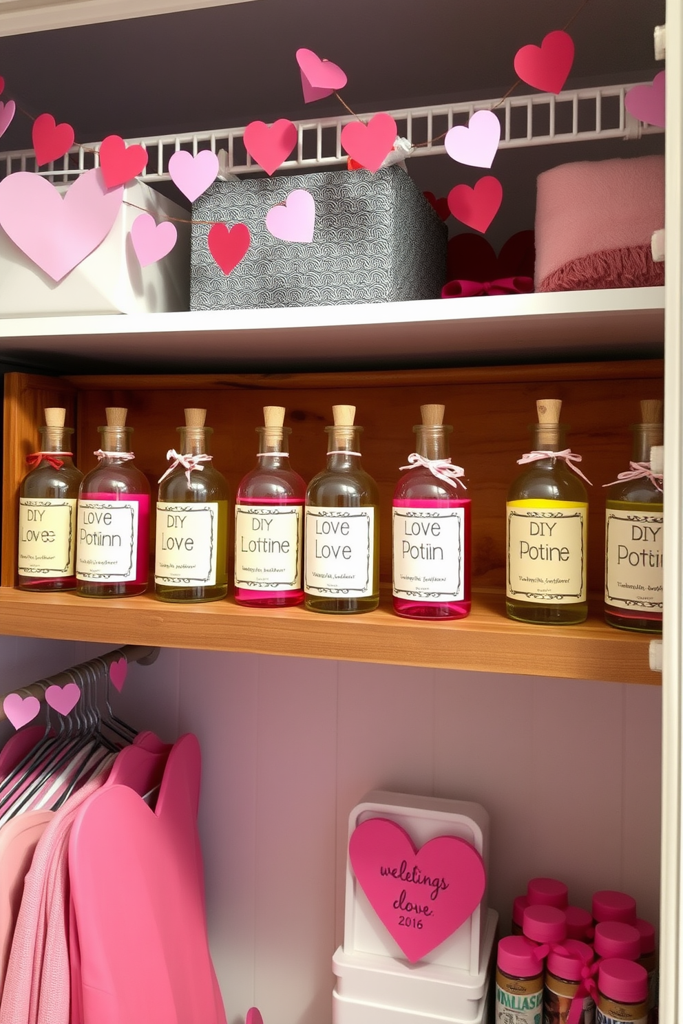 A charming display of DIY love potion bottles arranged on a rustic wooden shelf. Each bottle features unique labels and colorful liquids, creating a whimsical and romantic atmosphere. The closet is transformed with festive Valentine's Day decorations, including heart-shaped garlands and pink accents. Soft lighting enhances the cozy feel, making it a perfect space for celebrating love.