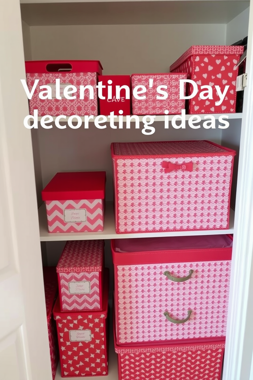 A collection of red and pink themed storage boxes is neatly arranged in a stylish closet. The boxes feature various patterns and textures, adding a festive touch for Valentine's Day decorating ideas.