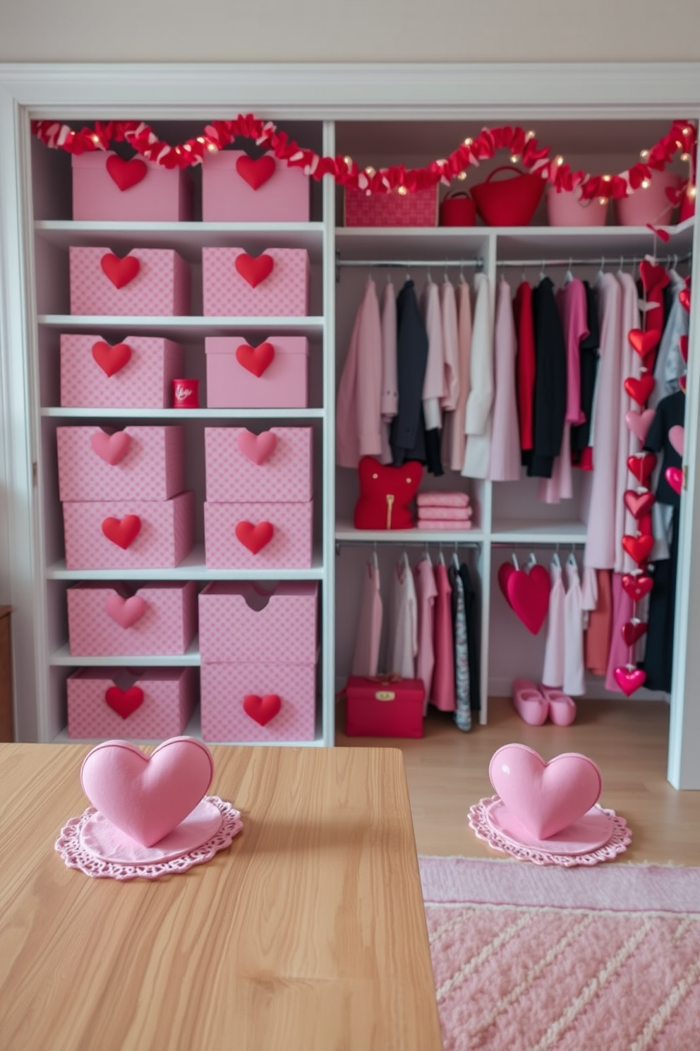 Heart-shaped coasters are elegantly placed on wooden tables, adding a romantic touch to the space. The coasters are made of a soft pink material, perfectly complementing the warm ambiance of the room. A spacious closet is adorned with festive decorations for Valentine's Day, featuring red and pink accents throughout. Shelves are organized with heart-themed storage boxes, while delicate garlands hang from the closet rods, creating a cheerful atmosphere.