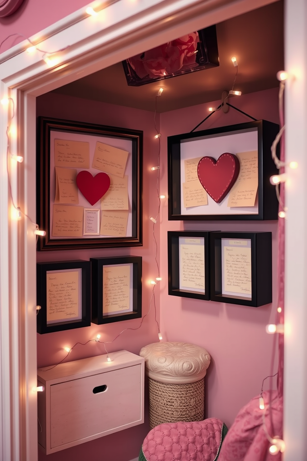 A cozy and romantic closet space adorned with vintage love letters displayed in elegant shadow boxes. The walls are painted in soft pastels, and delicate fairy lights illuminate the area, creating a warm and inviting atmosphere for Valentine's Day decorating ideas.