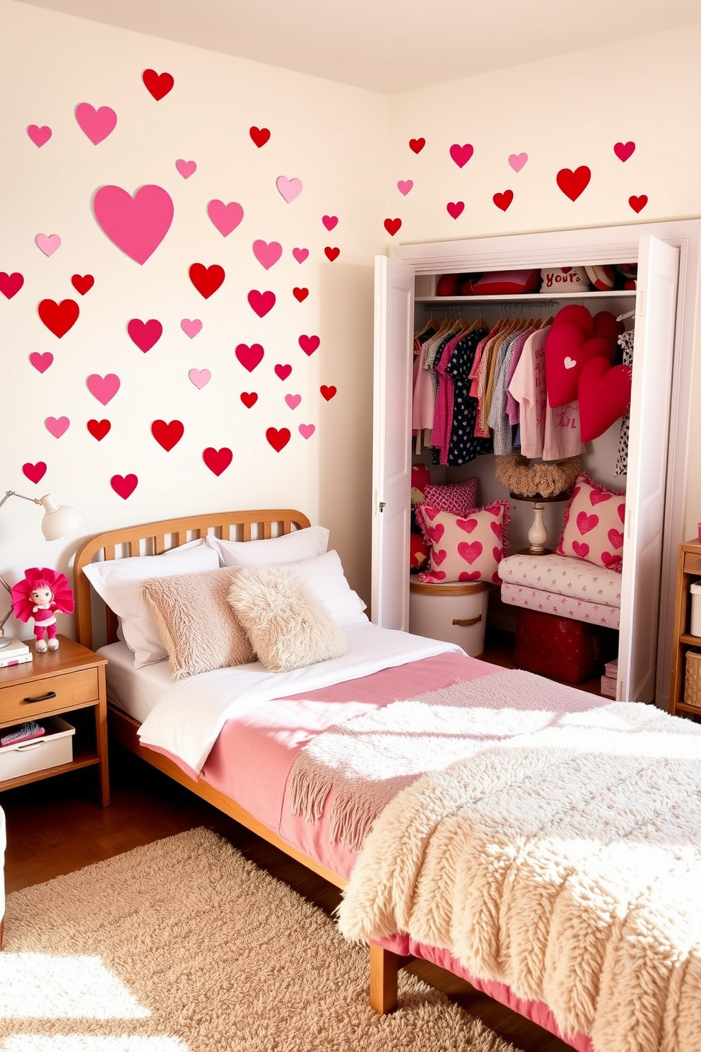 Create a playful and charming bedroom scene featuring whimsical heart-shaped wall decals in various sizes and colors adorning the walls. The decor includes a cozy bed with fluffy pillows and a soft throw blanket, complemented by a cheerful rug on the floor. In one corner, there's a stylish closet filled with festive Valentine's Day decorations such as plush toys, heart-shaped pillows, and themed artwork. The overall ambiance is warm and inviting, perfect for celebrating love and affection.