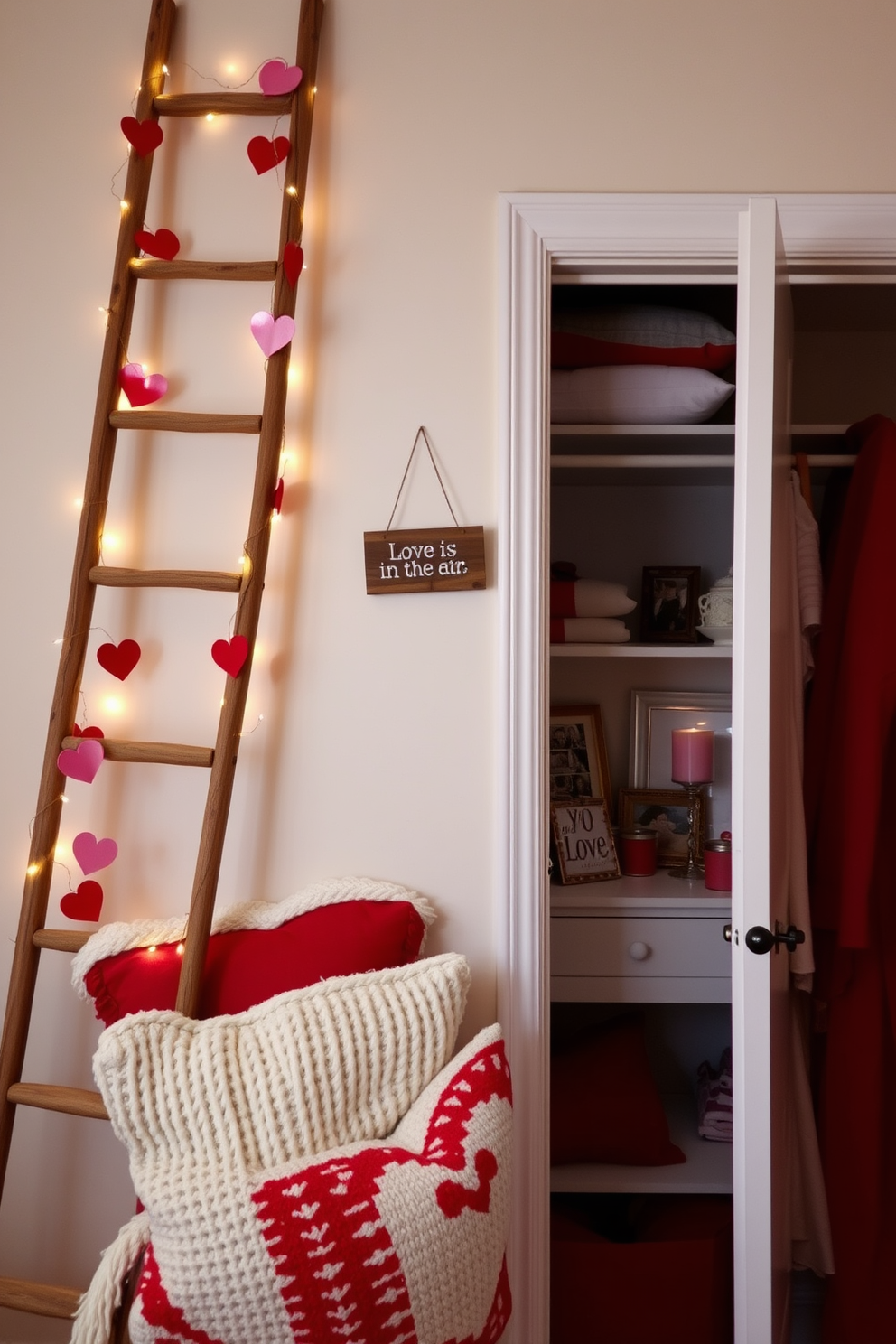 A rustic wooden ladder leans against a wall, adorned with heart-shaped garlands and twinkling fairy lights. Below, a collection of cozy blankets and throw pillows in red and white hues adds warmth and charm to the space. The closet door is partially open, revealing neatly arranged love-themed decor items like framed photos and romantic candles. A small sign reading 