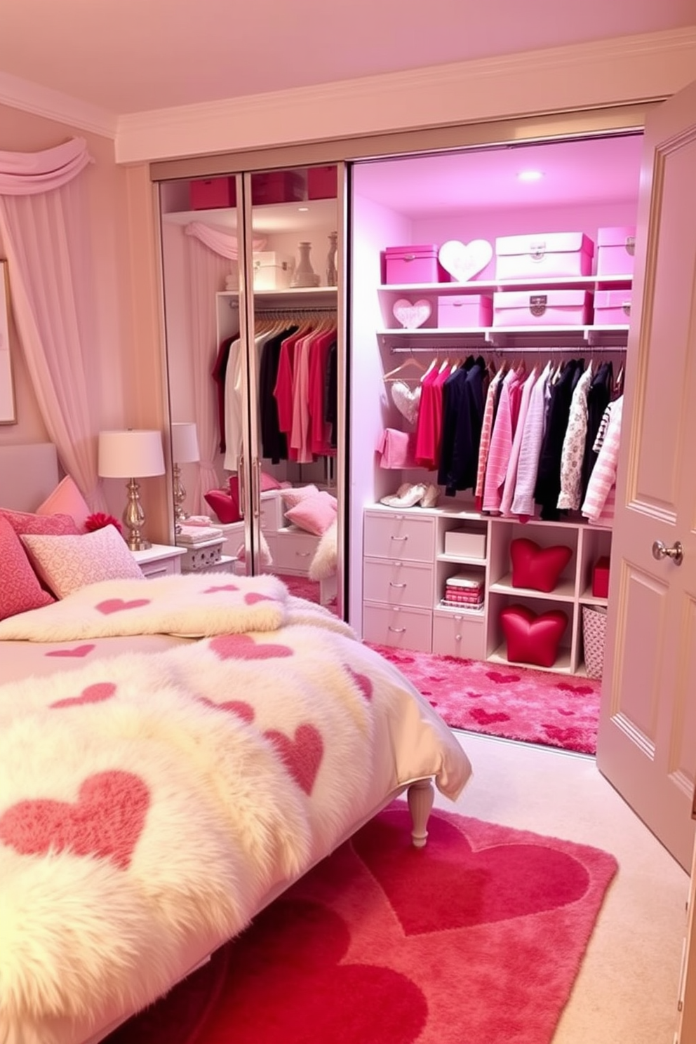 A cozy bedroom featuring soft rugs adorned with heart patterns that add a touch of warmth and charm. The space is decorated with pastel-colored accents and romantic lighting to create an inviting atmosphere for Valentine's Day. A stylish closet area designed for Valentine's Day, showcasing elegant storage solutions and decorative elements in shades of pink and red. The closet is organized and visually appealing, with heart-themed accessories enhancing the festive spirit.