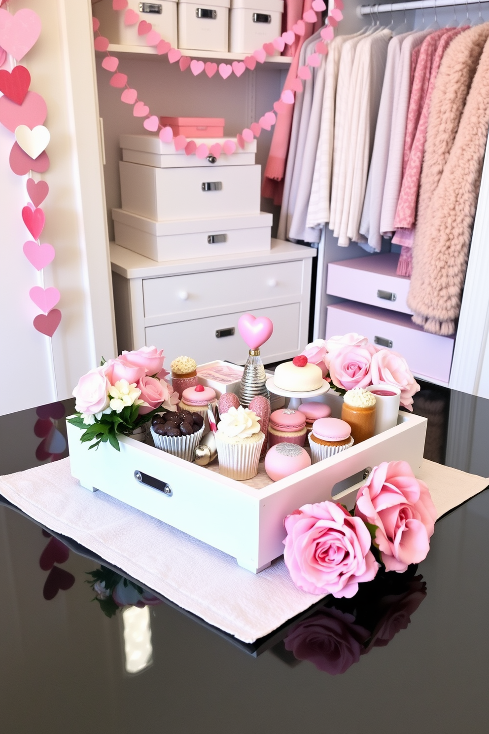 A beautifully arranged decorative tray filled with an assortment of sweet treats including macarons, chocolates, and cupcakes. The tray is placed on a soft linen table runner, surrounded by delicate floral arrangements in pastel colors. A stylish closet adorned with Valentine's Day decorations featuring heart-shaped garlands and soft pink accents. Elegant storage boxes are neatly stacked, and a plush throw blanket adds a cozy touch to the space.