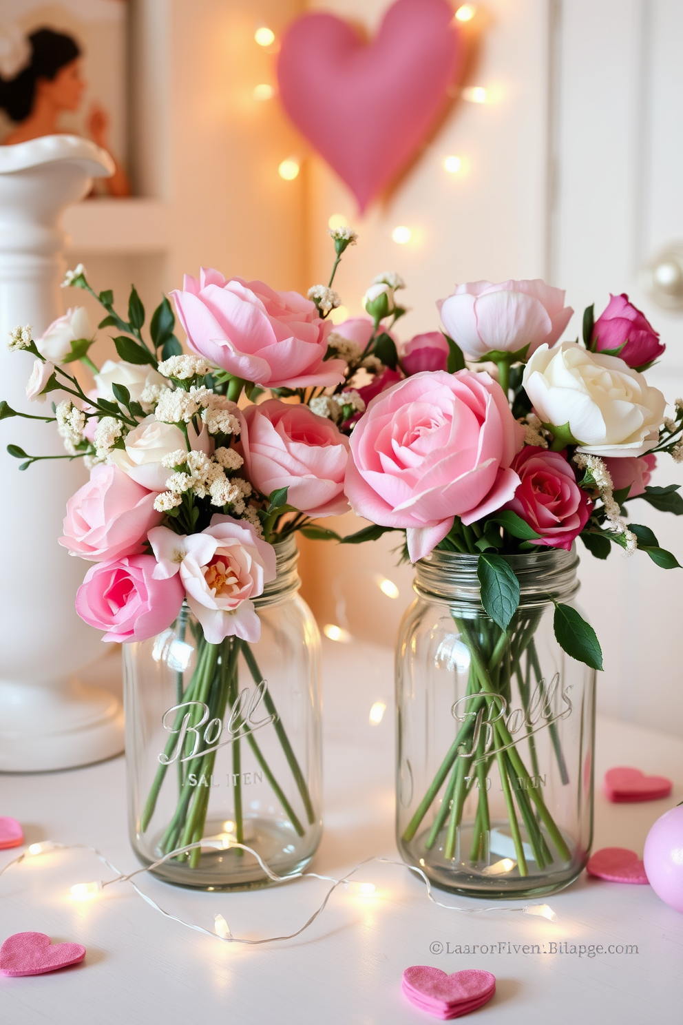 Vintage floral arrangements in glass jars create a charming and nostalgic atmosphere. These arrangements feature a mix of pastel-colored blooms, such as peonies and roses, complemented by delicate greenery. For a Valentine's Day decorating idea, incorporate heart-shaped accents and soft lighting. Drape fairy lights around the jars to enhance the romantic ambiance and create a warm, inviting space.