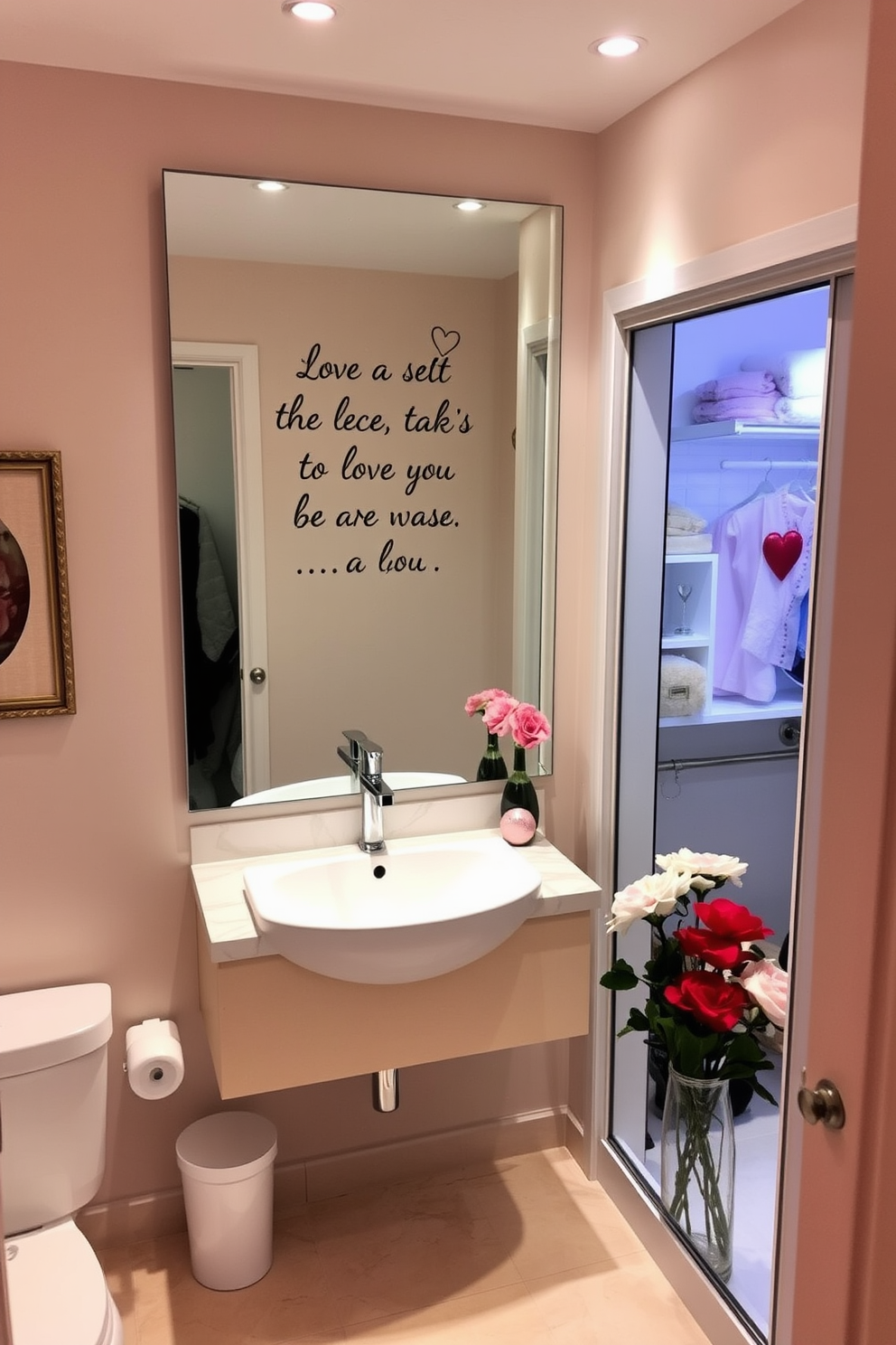 A romantic bathroom setting for Valentine's Day. A personalized love message is elegantly written on a large, frameless mirror above a stylish sink. To the side, a beautifully organized closet features soft lighting and decorative accents. Heart-shaped decorations and fresh flowers add a festive touch to the space, creating a warm and inviting atmosphere.