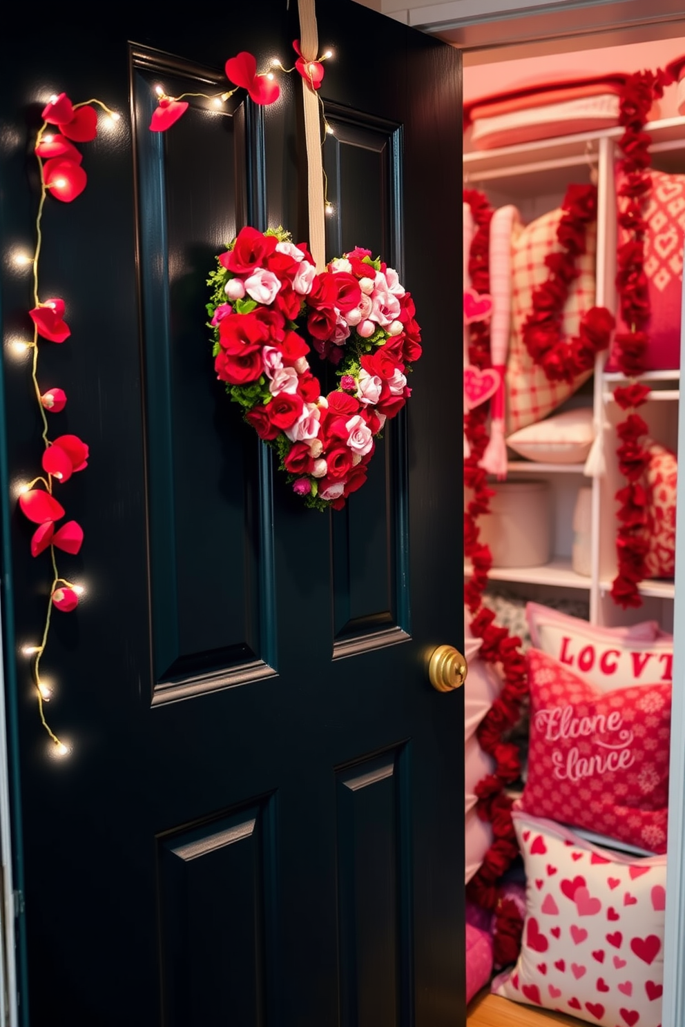 A charming heart-shaped wreath adorns the front door, crafted from vibrant red and pink flowers. Surrounding the wreath, soft fairy lights twinkle, creating a warm and inviting entrance for Valentine's Day. Inside, a well-organized closet showcases a variety of festive decorations, including heart-shaped garlands and themed throw pillows. Each item is neatly arranged, making it easy to find the perfect decor to celebrate love and affection.