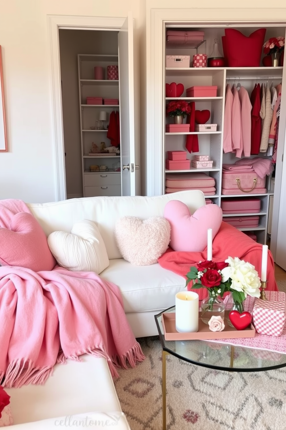 A cozy living room adorned with soft pink and red throw blankets draped over a plush white sofa. The space is accented with heart-shaped pillows and a coffee table decorated with candles and seasonal flowers for a warm Valentine's Day touch. A stylish closet featuring organized shelves filled with pink and red accessories. The walls are painted in a light pastel hue, and decorative elements like heart-shaped boxes and floral arrangements create a festive atmosphere.