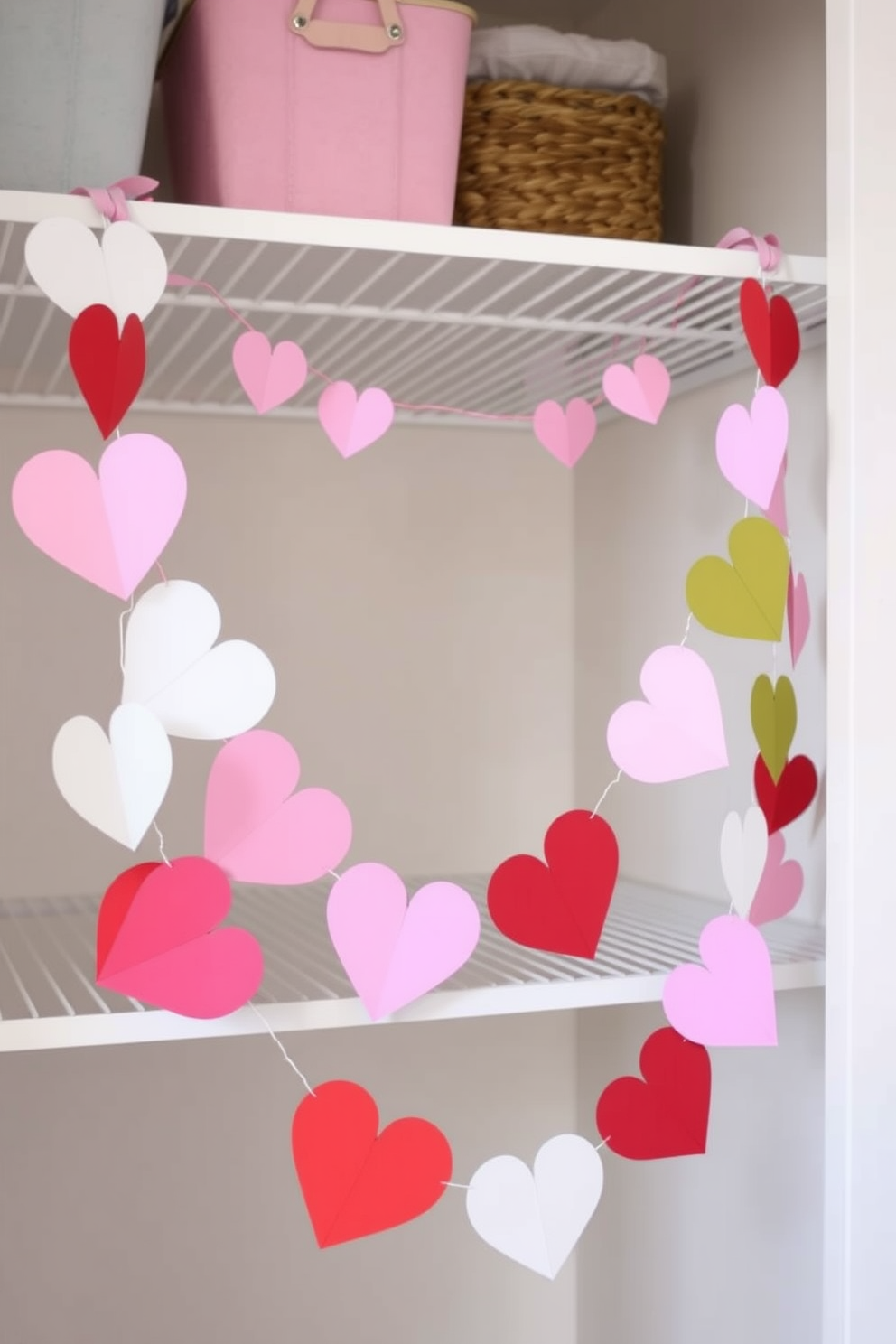 A charming DIY heart garland decorates the closet for Valentine's Day. The garland features an array of colorful paper hearts strung together, creating a festive and inviting atmosphere.