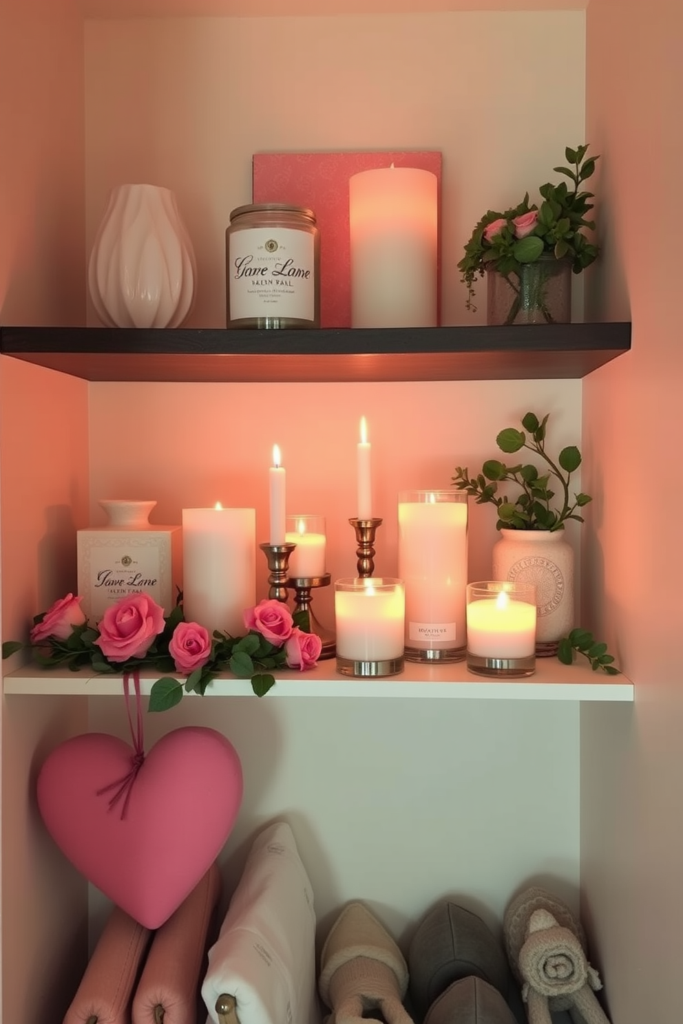 A romantic candle arrangement on shelves creates an inviting atmosphere. Softly glowing candles of varying heights are artfully placed among decorative items and lush greenery. For closet Valentine's Day decorating ideas, consider using heart-shaped accents and soft textiles. Incorporate pastel colors and romantic lighting to enhance the overall charm of the space.