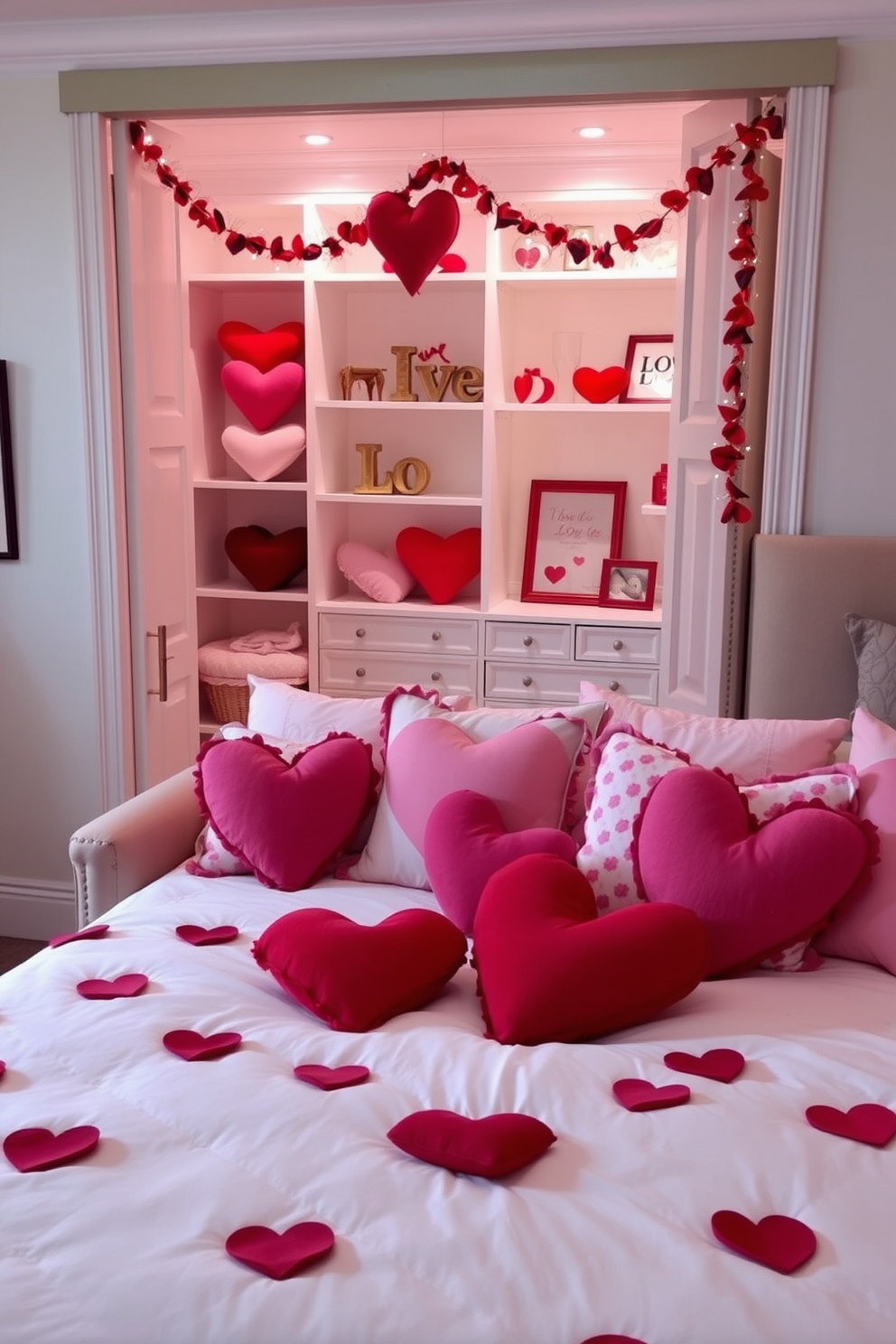 Create a cozy and romantic bedroom setting adorned with decorative heart-shaped cushions scattered across the bed and seating areas. The cushions should feature various shades of red and pink, adding a festive touch to the overall decor for Valentine's Day. In the closet area, incorporate soft lighting and elegant shelving to showcase the heart-themed decorations. Include accents like garlands or framed love quotes to enhance the Valentine's Day atmosphere.