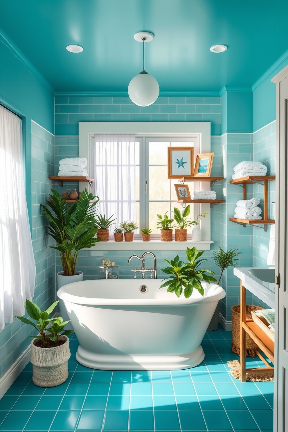 A coastal bathroom featuring striking turquoise tiles that add a vibrant pop of color. The space is bright and airy, with natural light streaming in through a large window adorned with sheer white curtains. A freestanding soaking tub sits in the center, surrounded by a collection of potted plants for a fresh touch. Stylish wooden shelves hold neatly arranged towels and beach-themed decor, enhancing the coastal vibe.