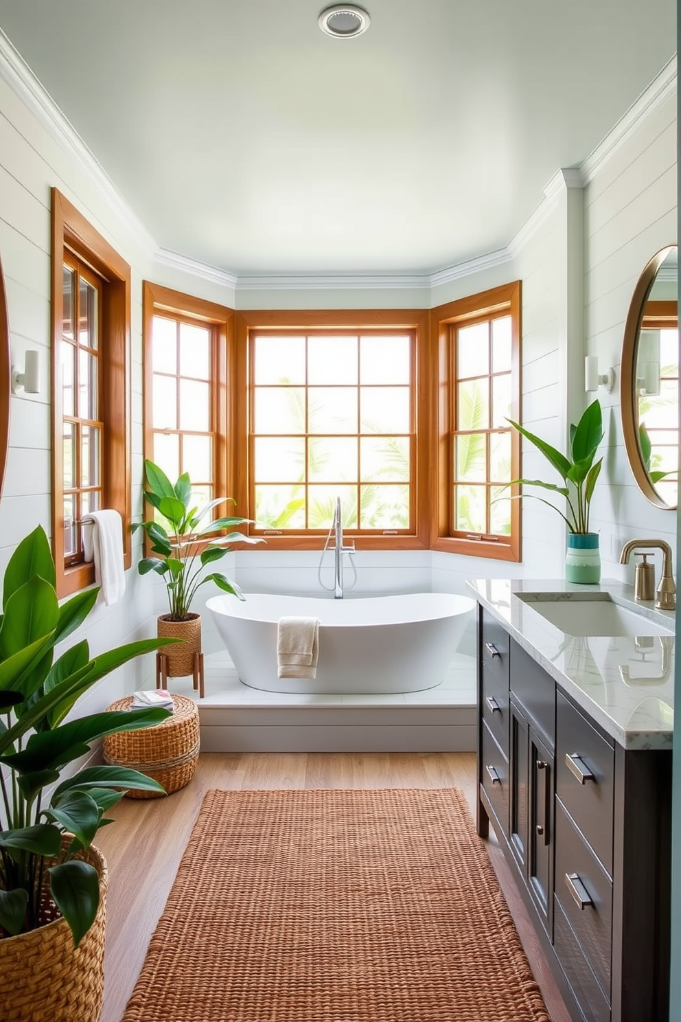 A coastal bathroom design featuring bamboo accessories that enhance the tropical vibe. The space includes a freestanding tub surrounded by large windows that let in natural light, with bamboo accents integrated into the decor. The walls are painted in soft aqua tones, complemented by white shiplap paneling. A woven bamboo mat lies beneath a stylish vanity with a marble top, and tropical plants are strategically placed around the room for a fresh feel.