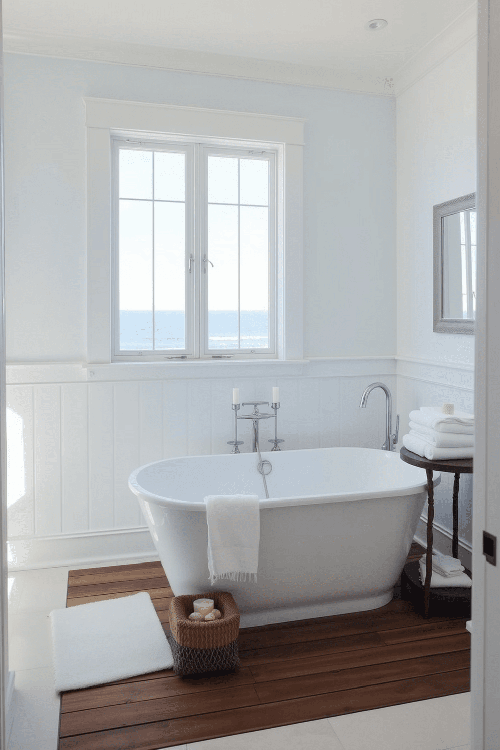 A serene coastal bathroom featuring a freestanding soaking tub positioned near a large window that offers a view of the ocean. The walls are painted in soft shades of blue and white, creating a tranquil atmosphere complemented by natural light. The tub is surrounded by a wooden deck that adds warmth, with a small side table holding candles and a stack of plush towels. Nautical-themed decor, such as seashells and driftwood accents, enhances the coastal vibe while maintaining an elegant aesthetic.