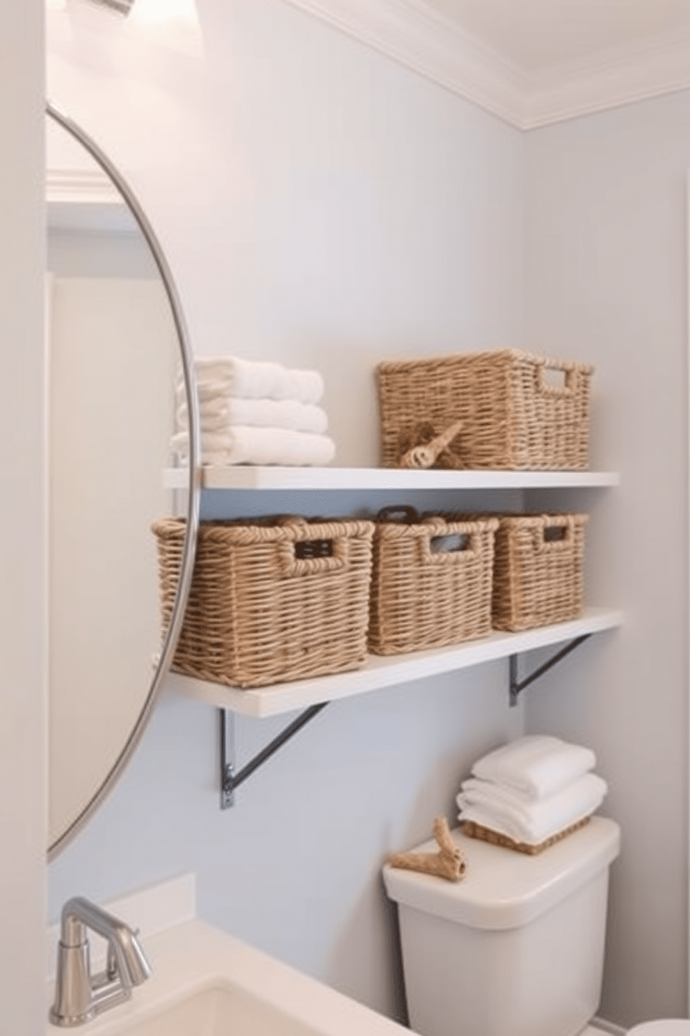 Woven baskets are artfully arranged on open shelves, providing both functionality and a touch of texture. The natural fibers complement the light and airy coastal theme, enhancing the overall aesthetic. In this coastal bathroom design, soft blue hues and sandy beige tones create a serene atmosphere. Accents of driftwood and seashells complete the look, evoking a tranquil beachside retreat.