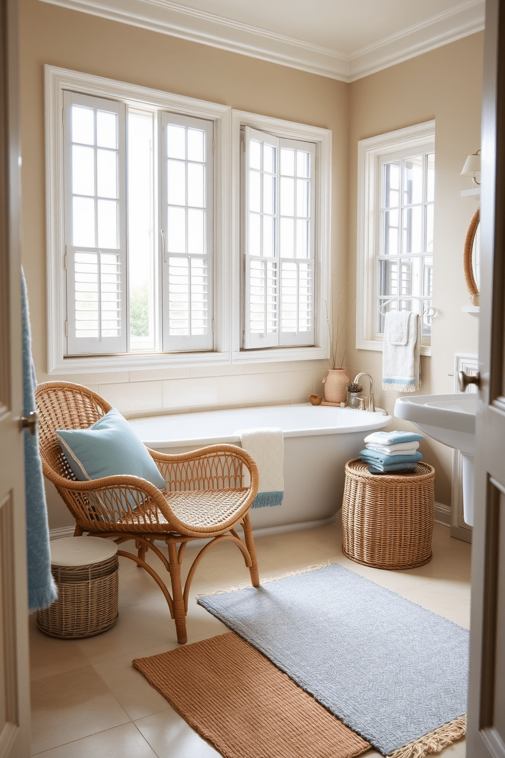 A cozy coastal bathroom featuring rattan furniture that enhances a laid-back atmosphere. The space includes a rattan chair and a matching storage basket, complemented by soft blue accents and natural textures. The walls are painted in a light sandy beige, creating a warm backdrop for the rattan pieces. Large windows allow natural light to flood in, making the space feel airy and inviting.