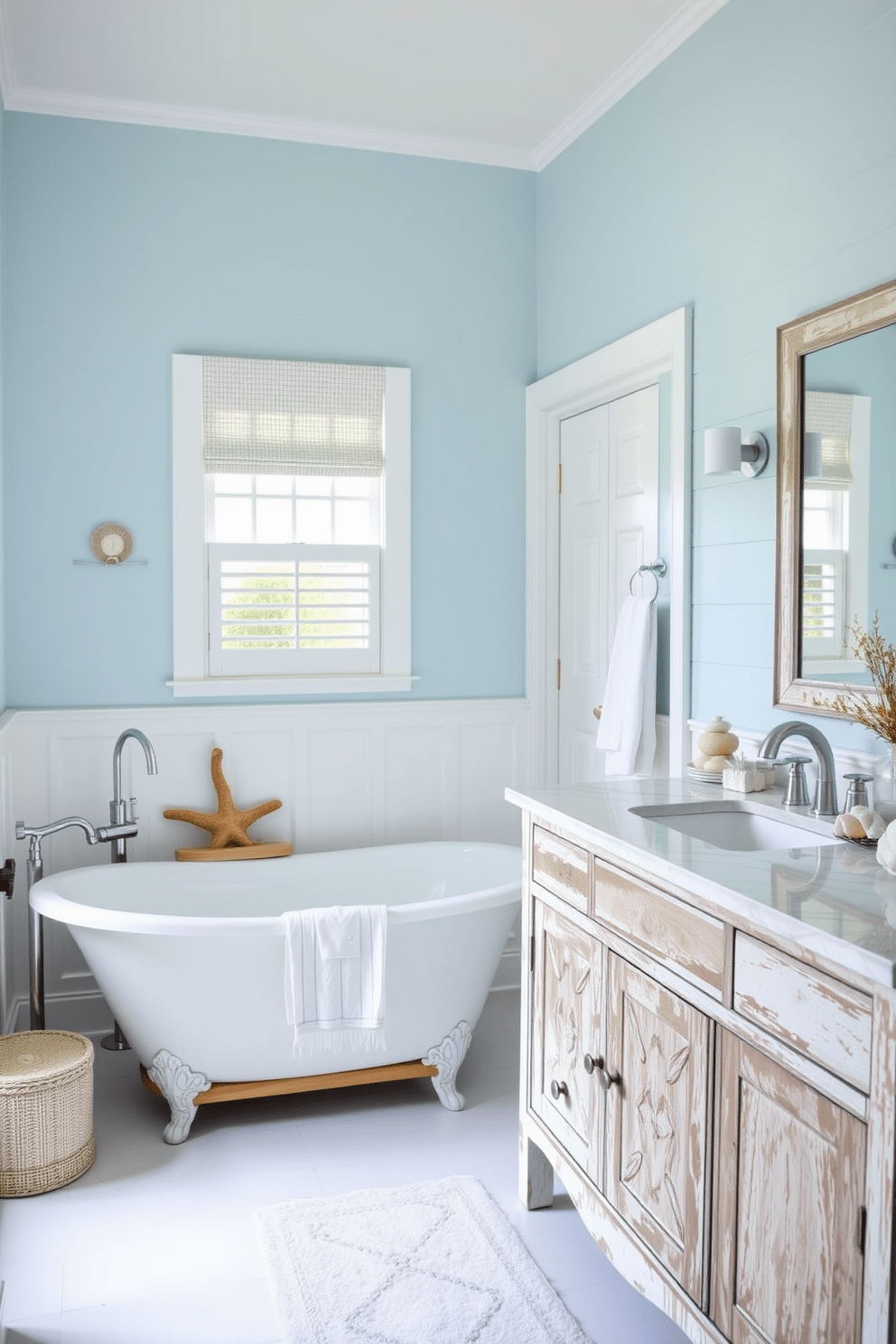 A serene coastal bathroom design featuring a soothing color palette of soft blues and crisp whites. The walls are painted in a light sky blue, complemented by white shiplap accents and a spacious freestanding bathtub. The vanity is crafted from reclaimed wood with a whitewashed finish, topped with a white marble countertop. Nautical-themed decor elements, such as seashells and driftwood accents, are strategically placed throughout the space.