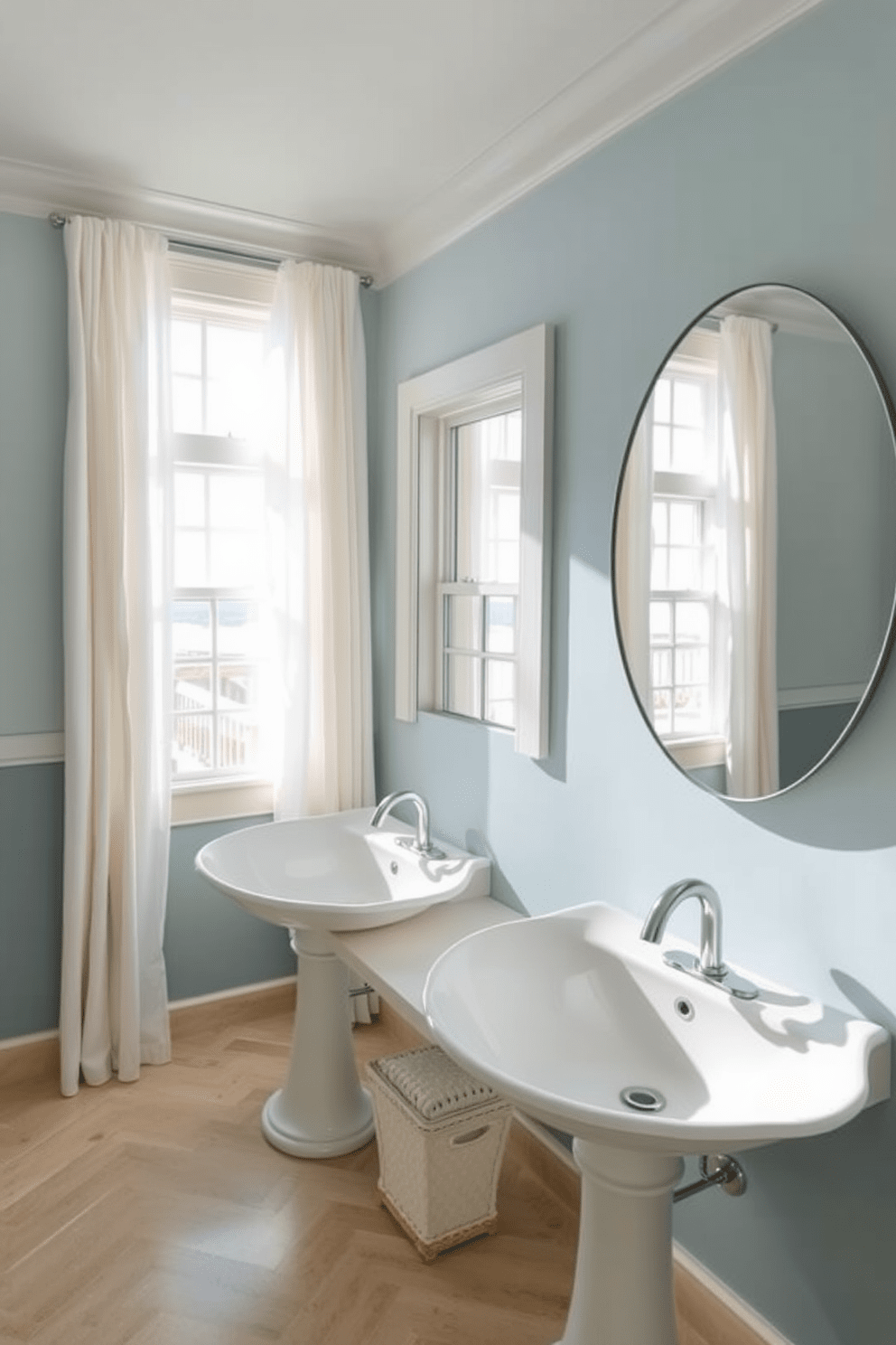 A coastal bathroom design featuring shell-shaped sinks that add a unique touch. The walls are painted in soft shades of blue and sandy beige, evoking the tranquility of the beach. Natural light floods the space through large windows adorned with sheer white curtains. A driftwood mirror hangs above the sinks, complementing the coastal theme and enhancing the airy feel.