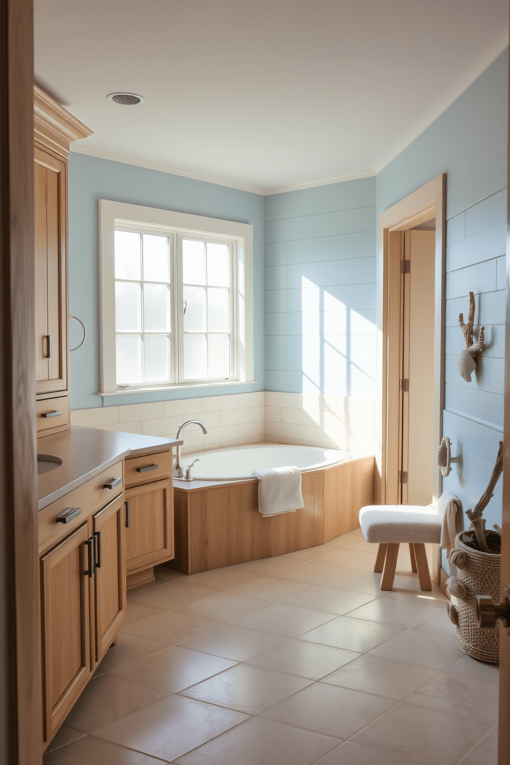 A serene coastal bathroom featuring natural wood accents that add warmth and texture. The space includes light-colored wooden cabinetry, a large soaking tub, and a shiplap accent wall painted in soft blue hues. Sunlight streams in through a frosted window, illuminating the sandy beige tiles that mimic the beach. Nautical decor elements such as seashells and driftwood accents enhance the relaxing coastal vibe.