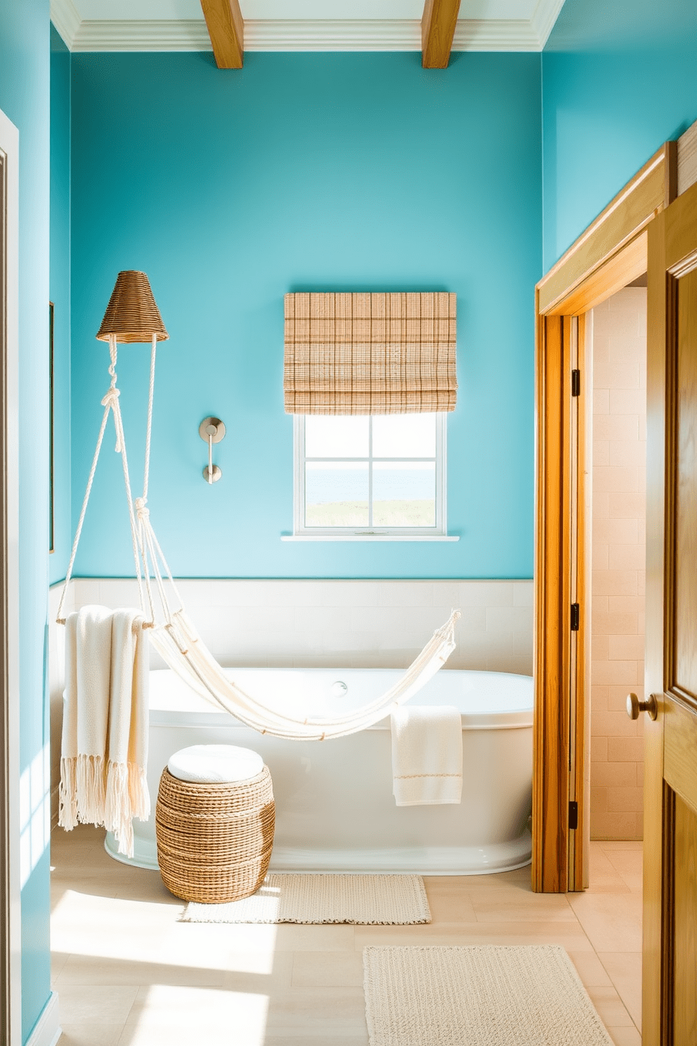 A coastal bathroom design featuring hammock-style towel racks that add a playful touch to the space. The walls are painted in soft ocean blue, complemented by sandy beige accents and natural wood finishes. The towel racks are hung in a relaxed manner, resembling hammocks, providing both style and functionality. A large window allows natural light to flood the room, enhancing the airy and breezy atmosphere.