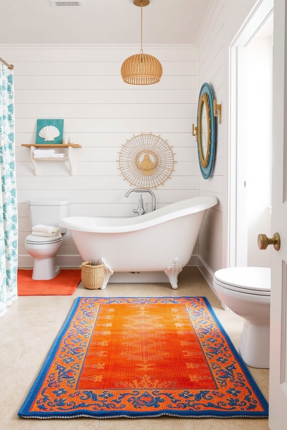 Brightly colored rugs to add warmth. A vibrant area rug in shades of blue and orange complements the sandy tones of the coastal bathroom. Coastal Bathroom Design Ideas. White shiplap walls create a fresh backdrop for seashell accents and driftwood decor, enhancing the beachy atmosphere.