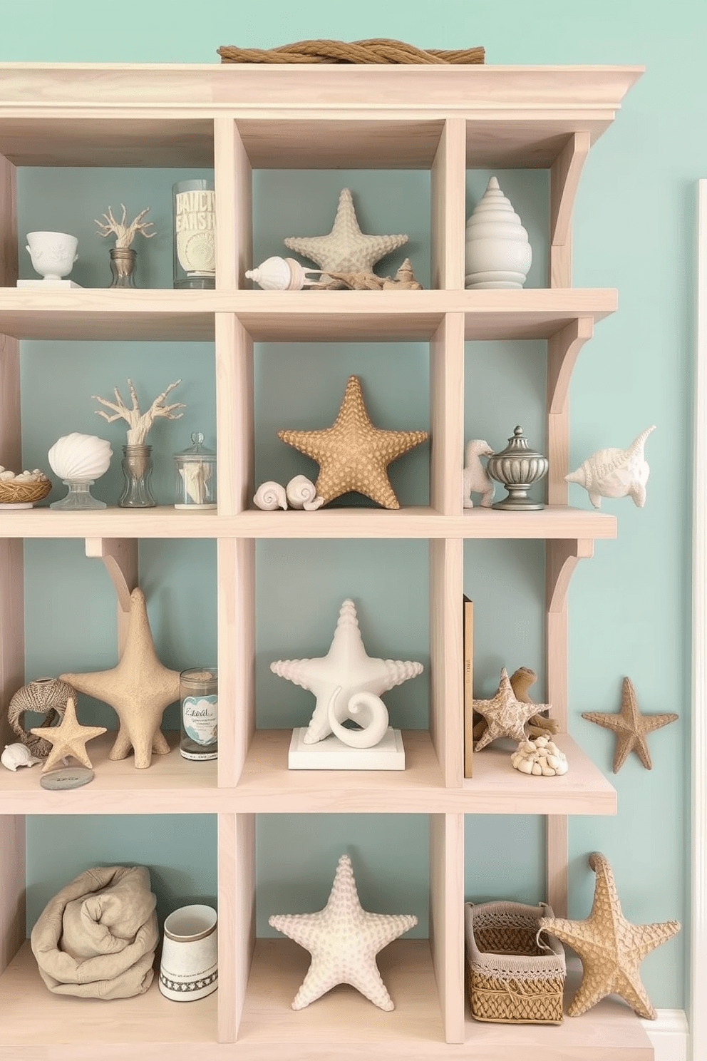 Open shelving for displaying beach treasures. The shelves are filled with a collection of seashells, driftwood, and coastal-themed decor items. The walls are painted in a soft aqua color that evokes a serene beach atmosphere. Light-colored wood accents complement the open shelving and enhance the coastal vibe.