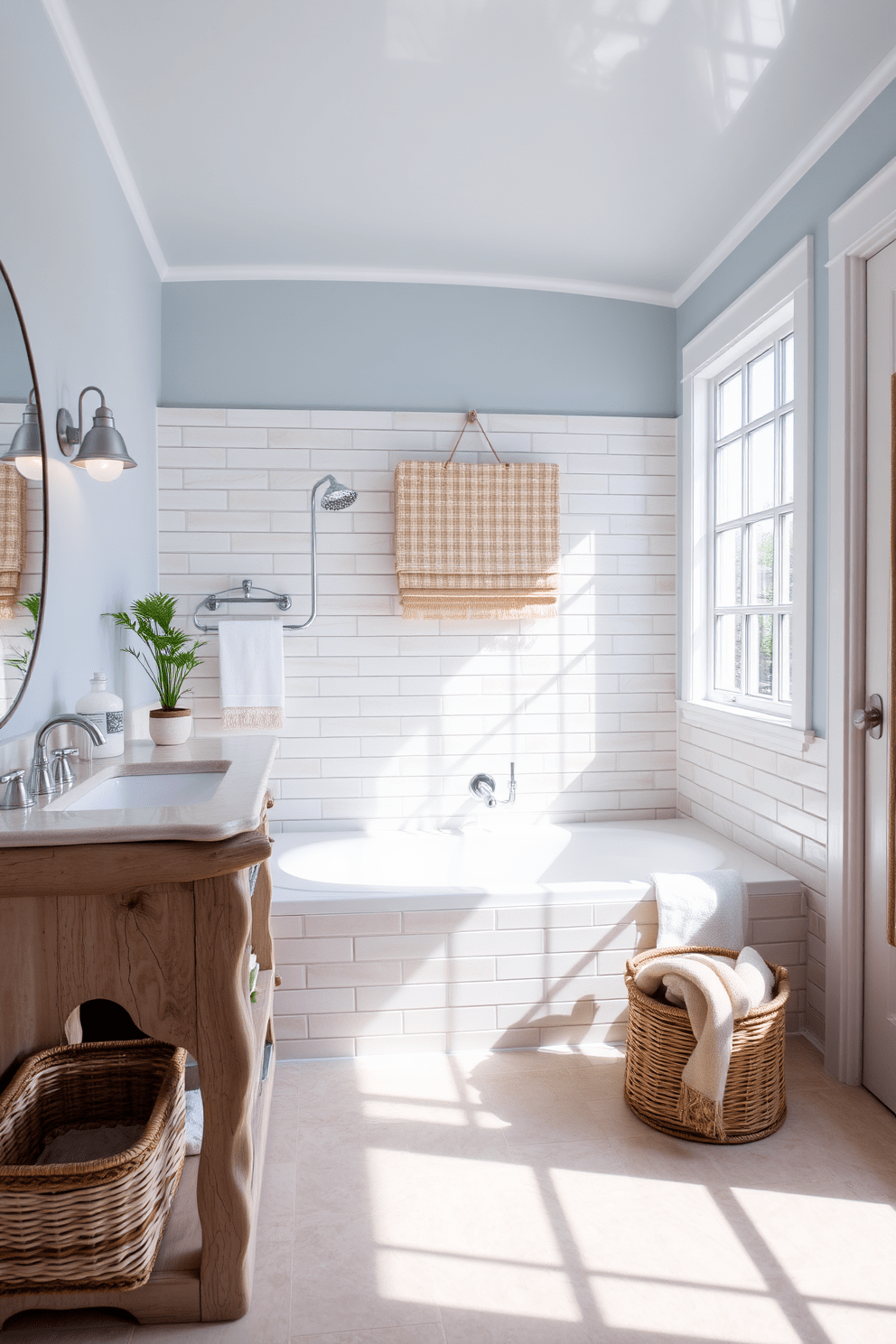 A coastal bathroom design featuring subway tiles with a glossy finish that reflect light beautifully. The color palette includes soft blues and sandy neutrals, creating a serene and inviting atmosphere. The space is accented with natural wood elements, such as a driftwood-inspired vanity and woven baskets for storage. Large windows allow natural light to flood the room, enhancing the airy feel of the coastal theme.