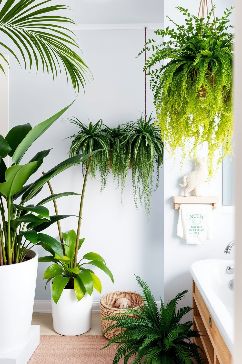 Indoor plants create a refreshing coastal atmosphere with vibrant greenery. The space features large potted palms and hanging ferns that bring life and serenity. The coastal bathroom design embraces soft blues and sandy beige tones. Natural wood accents and seashell decor enhance the tranquil, beach-inspired vibe.