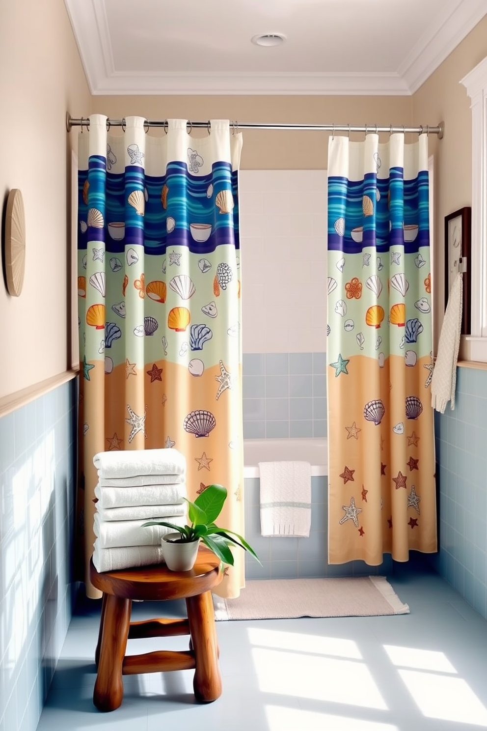 A vibrant coastal bathroom filled with natural light. The space features shower curtains adorned with playful ocean prints, complemented by a sandy beige color palette and seashell decor. Light blue tiles line the walls, evoking a serene beach atmosphere. A wooden stool holds neatly folded towels, while a potted plant adds a touch of greenery to the room.