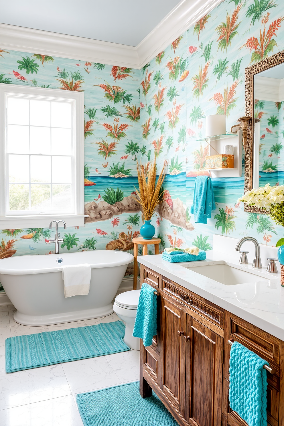 A vibrant coastal bathroom featuring beachy wallpaper that showcases a lively ocean scene with tropical elements. The space includes a freestanding soaking tub positioned near a large window, allowing natural light to flood the room. The vanity is crafted from reclaimed wood with a distressed finish, complemented by a white marble countertop. Accents of turquoise and coral are incorporated through decorative accessories and plush towels, enhancing the beachy vibe.