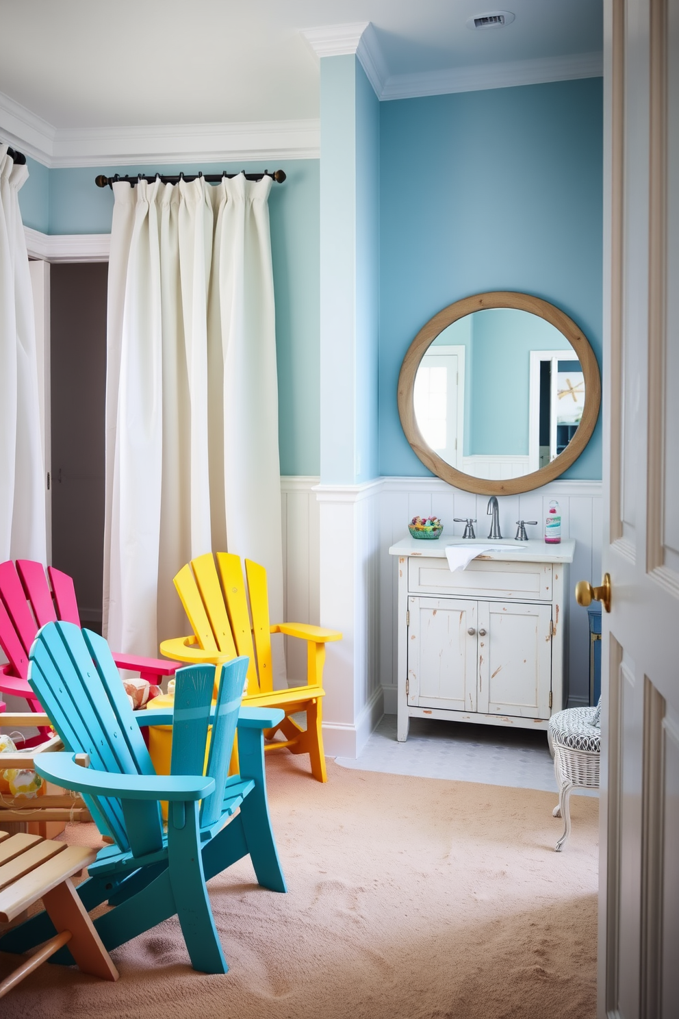 Vintage beach chairs are arranged in a cheerful cluster, featuring bright colors and playful patterns that evoke a sense of fun and relaxation. Surrounding the chairs, the sandy-colored floor complements the coastal theme, while soft, billowy curtains flutter gently in the ocean breeze. The bathroom boasts a nautical-inspired design, with light blue walls and white wainscoting that mimic the colors of the sea. A large, round mirror framed in weathered wood hangs above a white vanity, reflecting the natural light streaming in from a nearby window.