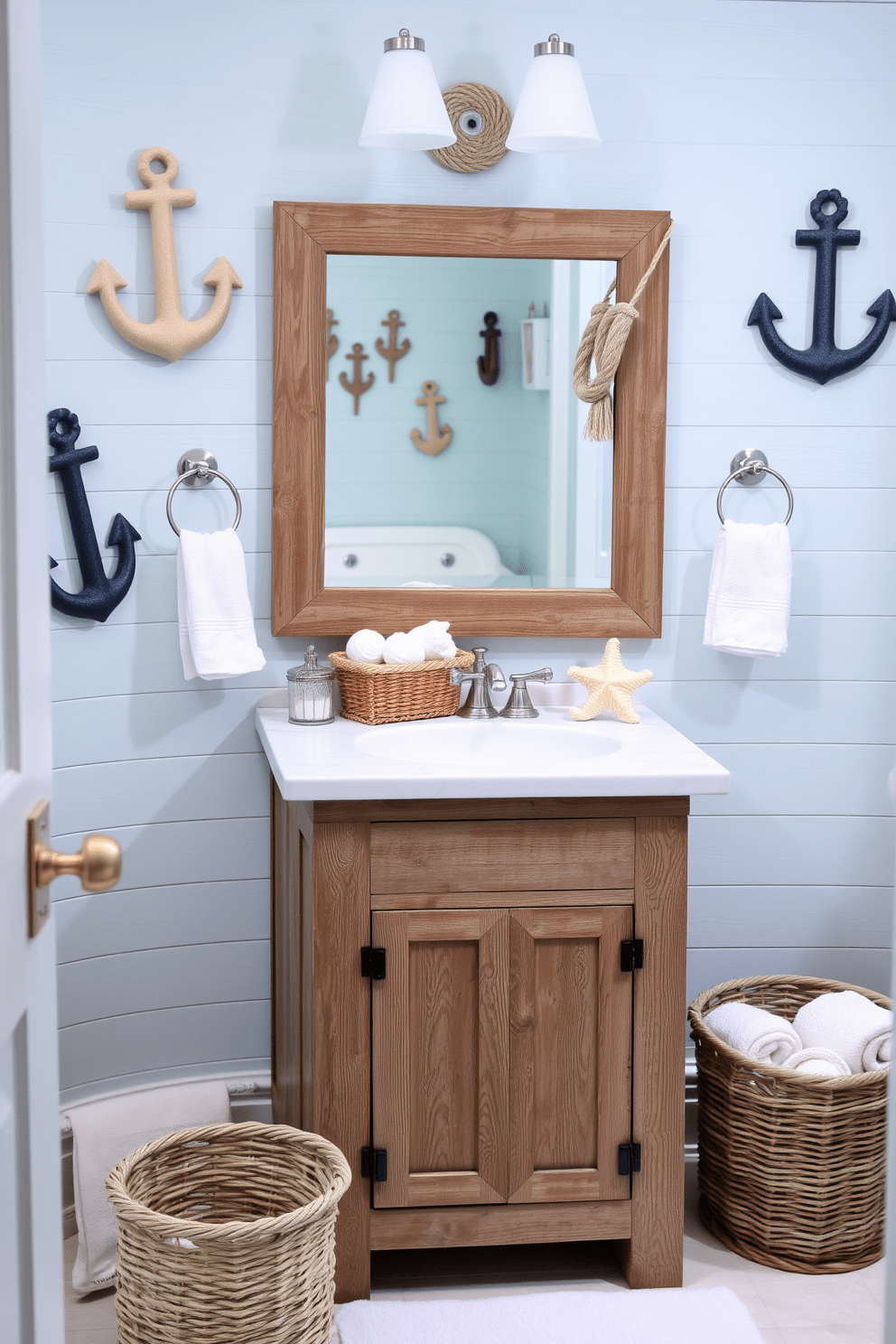 A serene coastal bathroom featuring nautical-themed decor. The walls are adorned with light blue shiplap, and decorative anchors and ropes are artfully arranged throughout the space. The vanity is made of reclaimed wood with a weathered finish, complemented by a white marble sink. Coastal-inspired accessories, such as a woven basket for towels and seashell accents, enhance the beachy atmosphere.