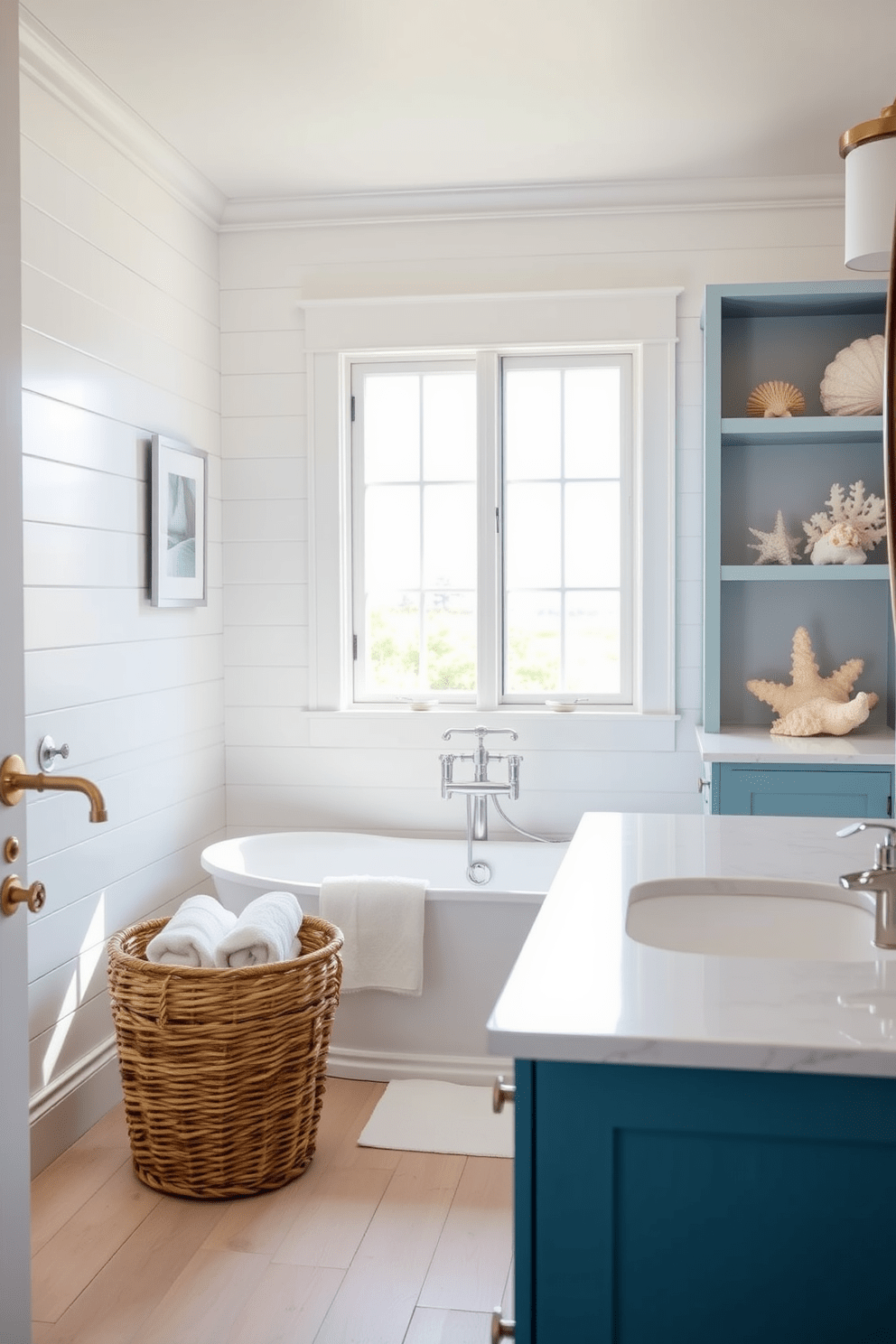 Coastal-inspired faucets with a brushed nickel finish complement the soft blue cabinetry in the bathroom. The space features white shiplap walls and a large window that allows natural light to flood in, enhancing the airy feel. The freestanding bathtub is surrounded by seashell accents and a woven basket filled with towels. Light wooden flooring adds warmth, while decorative coral pieces on the shelves complete the coastal theme.