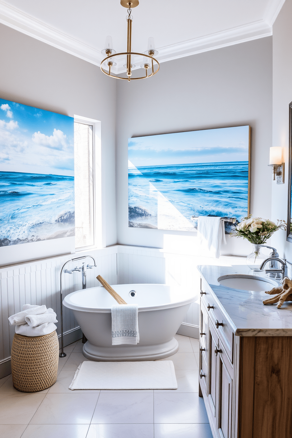 Create a serene coastal bathroom design featuring ocean-inspired artwork that enhances the overall ambiance. The walls are adorned with large canvas prints of tranquil seascapes, and soft blue accents complement the natural light streaming in through a frosted window. Incorporate a freestanding soaking tub positioned near the window, surrounded by seashell decor and driftwood accents. The vanity is finished in a light, weathered wood, with a marble countertop that reflects the colors of the ocean.