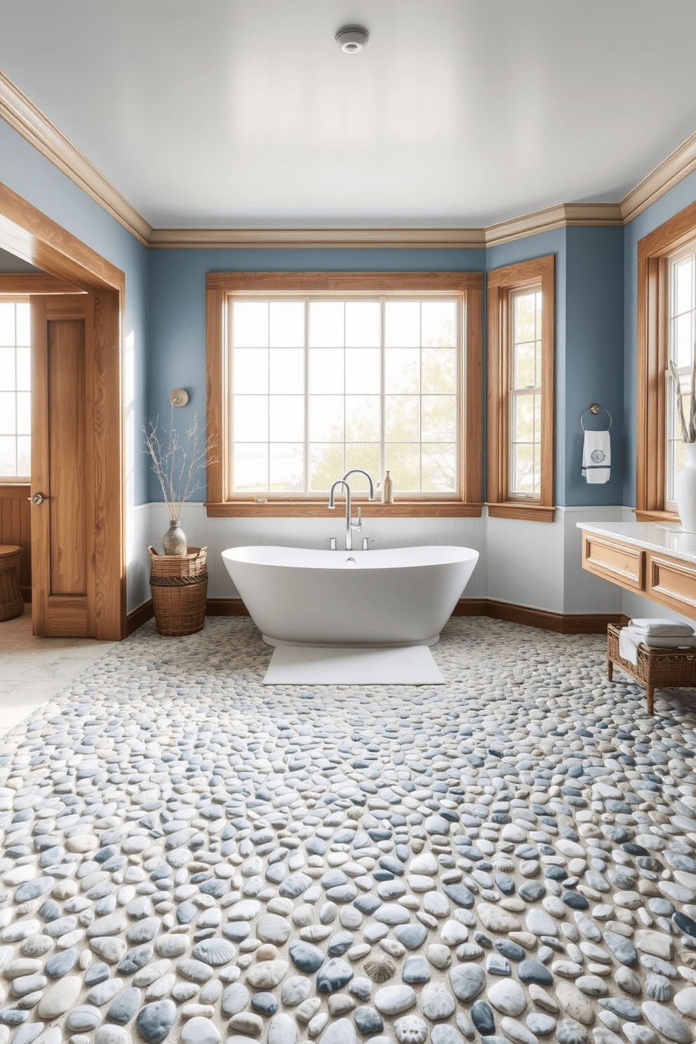 A coastal bathroom design featuring pebble stone flooring that evokes a beachy atmosphere. The walls are painted in soft blues and whites, complemented by natural wood accents for a serene and inviting space. A freestanding soaking tub sits in the center, surrounded by large windows that let in ample natural light. Decorative elements include seashells and driftwood accents, enhancing the coastal theme throughout the room.