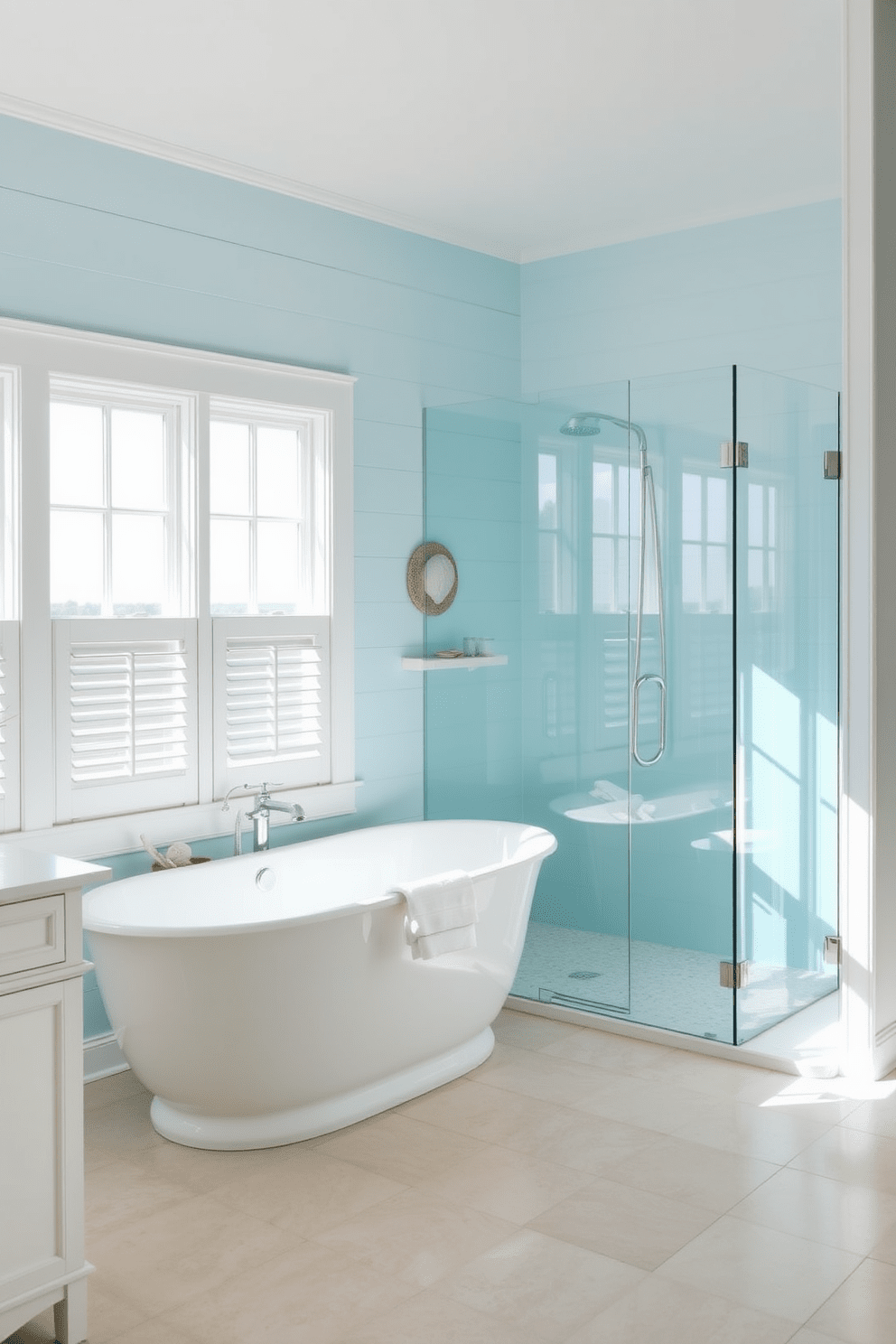 A bright and airy coastal bathroom features a glass shower enclosure that seamlessly blends with the open space. The walls are adorned with soft blue shiplap, while the floor showcases light beige tiles reminiscent of sandy beaches. Natural light floods the room through large windows, enhancing the serene atmosphere. A freestanding soaking tub sits near the window, surrounded by decorative shells and driftwood accents.