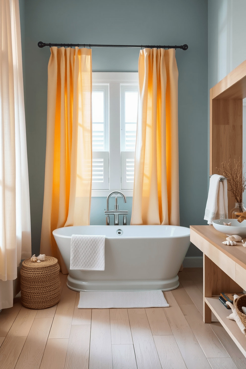 A serene coastal bathroom setting with soft linen curtains that gently billow in the breeze. The walls are painted in a light blue hue, complemented by natural wood accents and a spacious soaking tub. The floor features light-colored wooden planks, creating a warm and inviting atmosphere. Decorative elements include seashells and driftwood accents, enhancing the coastal theme.