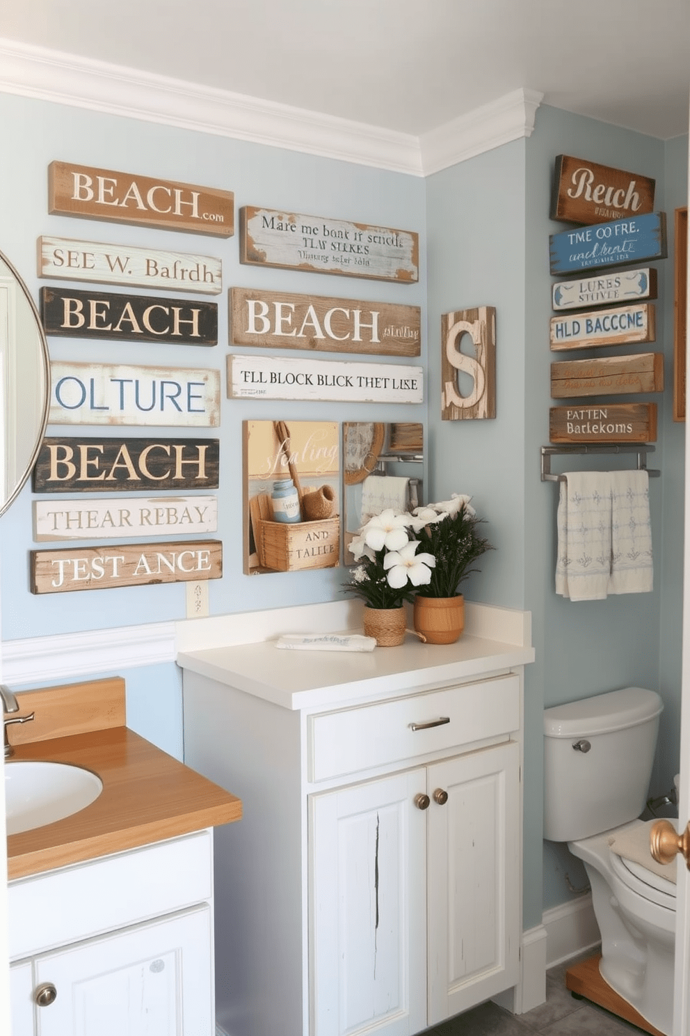 Vintage beach signs add a nostalgic charm to the coastal bathroom. The walls are adorned with weathered wooden signs featuring beach names and quotes, creating a relaxed seaside atmosphere. The color palette includes soft blues and sandy neutrals, reminiscent of the beach. Whitewashed cabinetry and natural wood accents enhance the coastal vibe while providing ample storage.