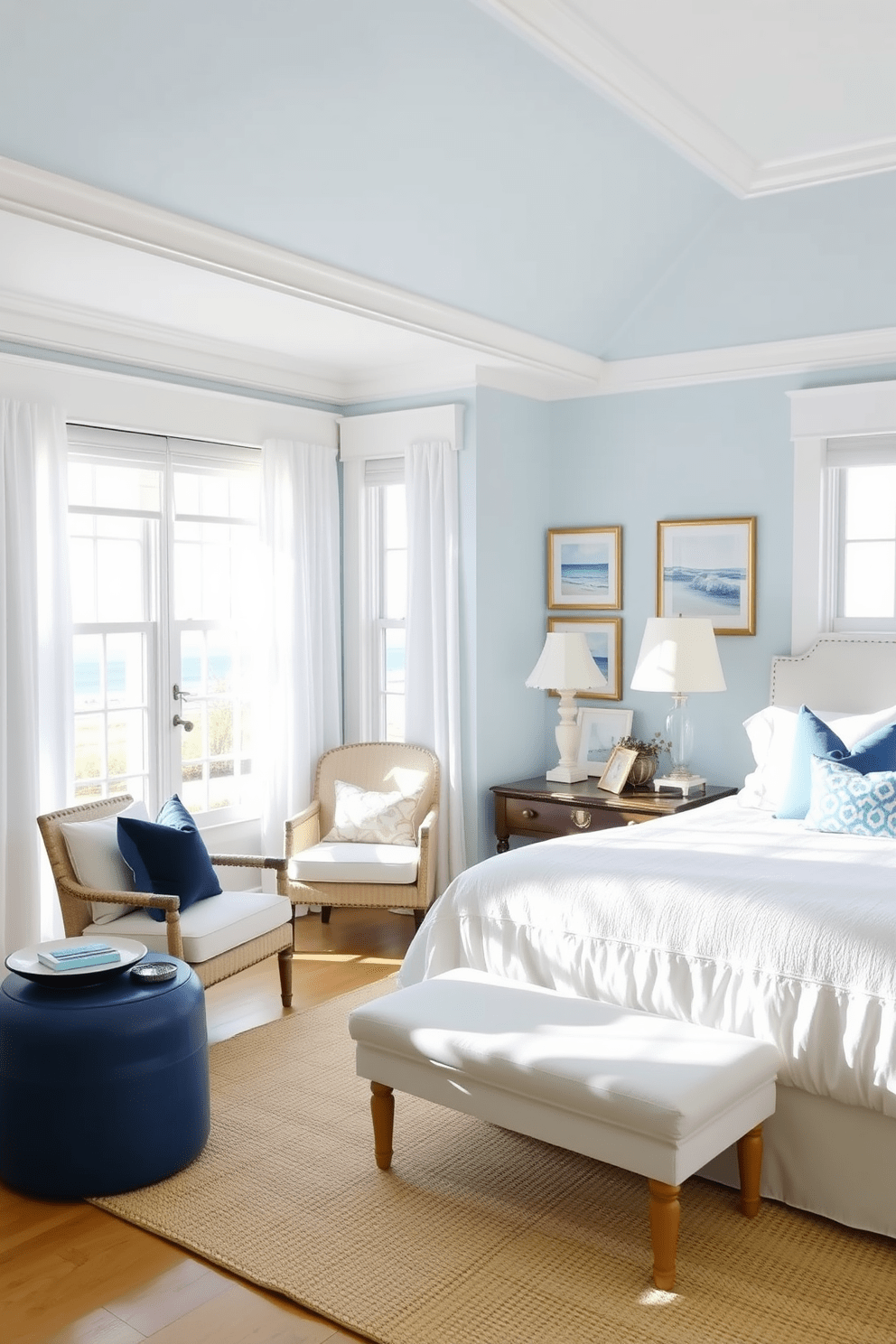 A serene coastal bedroom featuring light blue walls complemented by crisp white trim. The room includes a king-sized bed adorned with soft white linens and decorative pillows in shades of navy and aqua. Natural light floods the space through large windows dressed with sheer white curtains. A cozy reading nook by the window is furnished with a comfortable armchair and a small side table. The floor is covered with a light-colored woven rug that adds texture to the room. Coastal-themed artwork adorns the walls, enhancing the tranquil beach-inspired atmosphere.