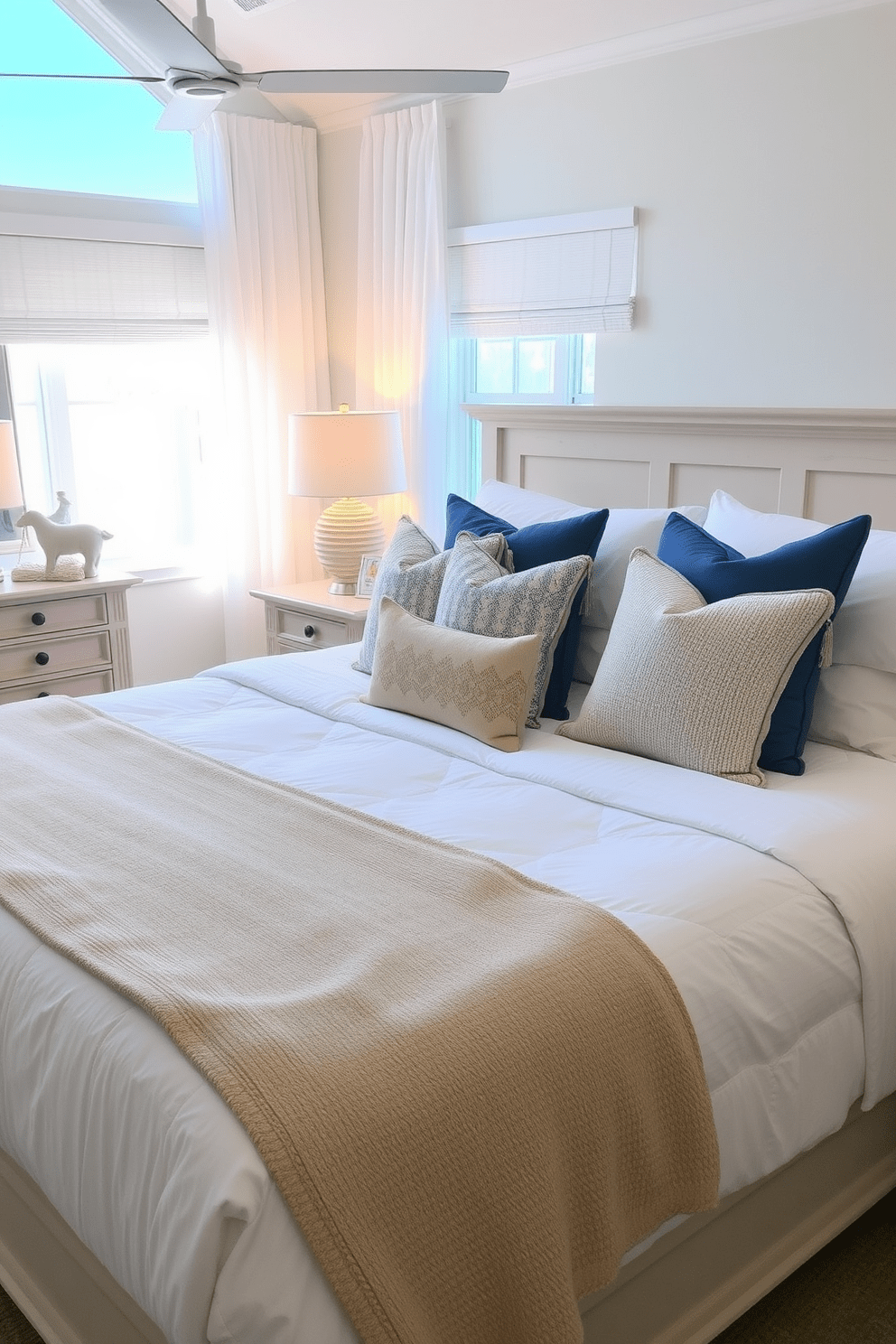 A serene coastal bedroom featuring a large bed adorned with soft white linens and an array of coastal-inspired throw pillows in shades of blue and sandy beige. Natural light floods the room through sheer curtains, illuminating the light wood furniture and nautical decor accents that complete the tranquil atmosphere.