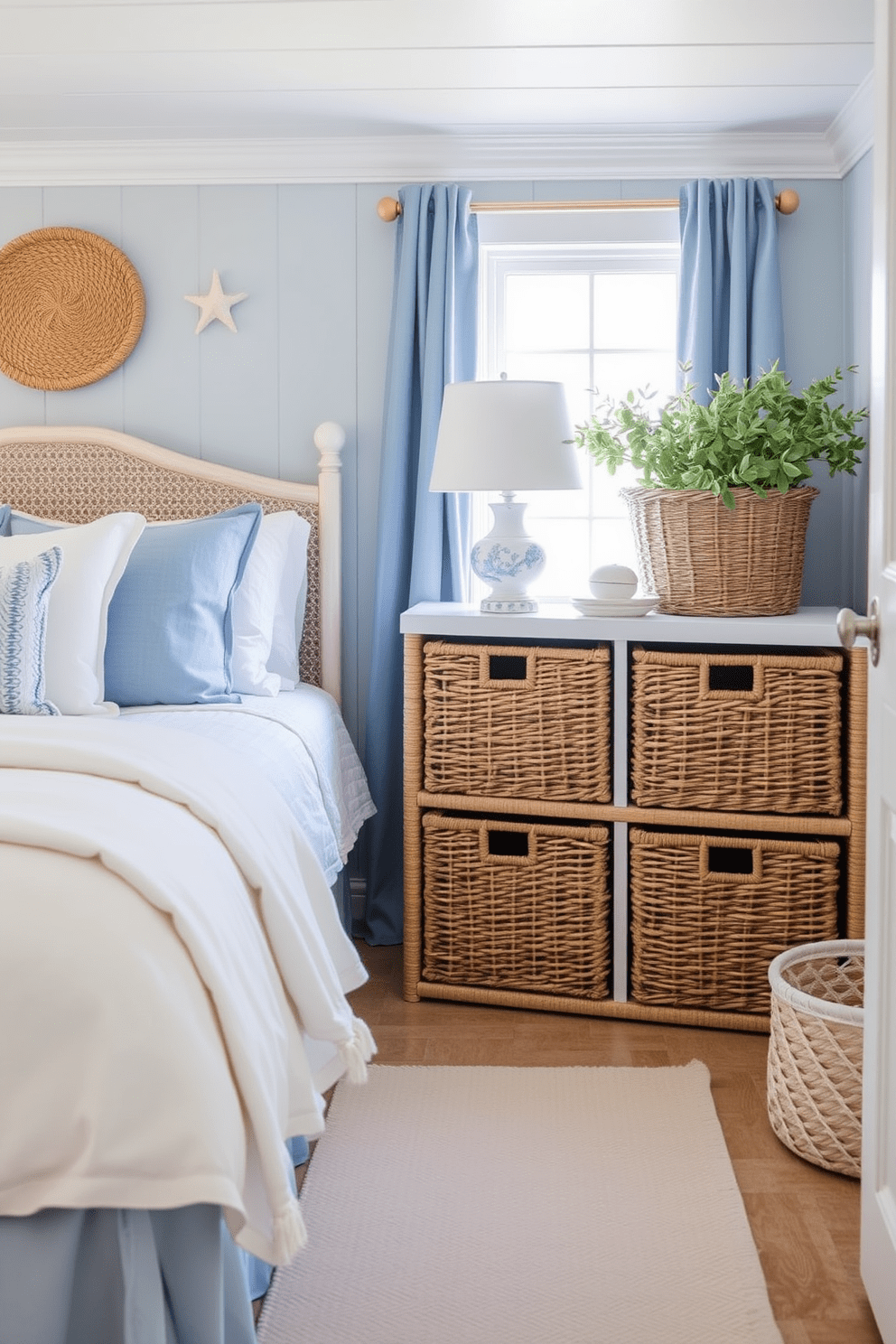 A coastal bedroom design featuring woven baskets for storage and style. The room is adorned with soft blue and white tones, complemented by natural textures and light, airy fabrics.